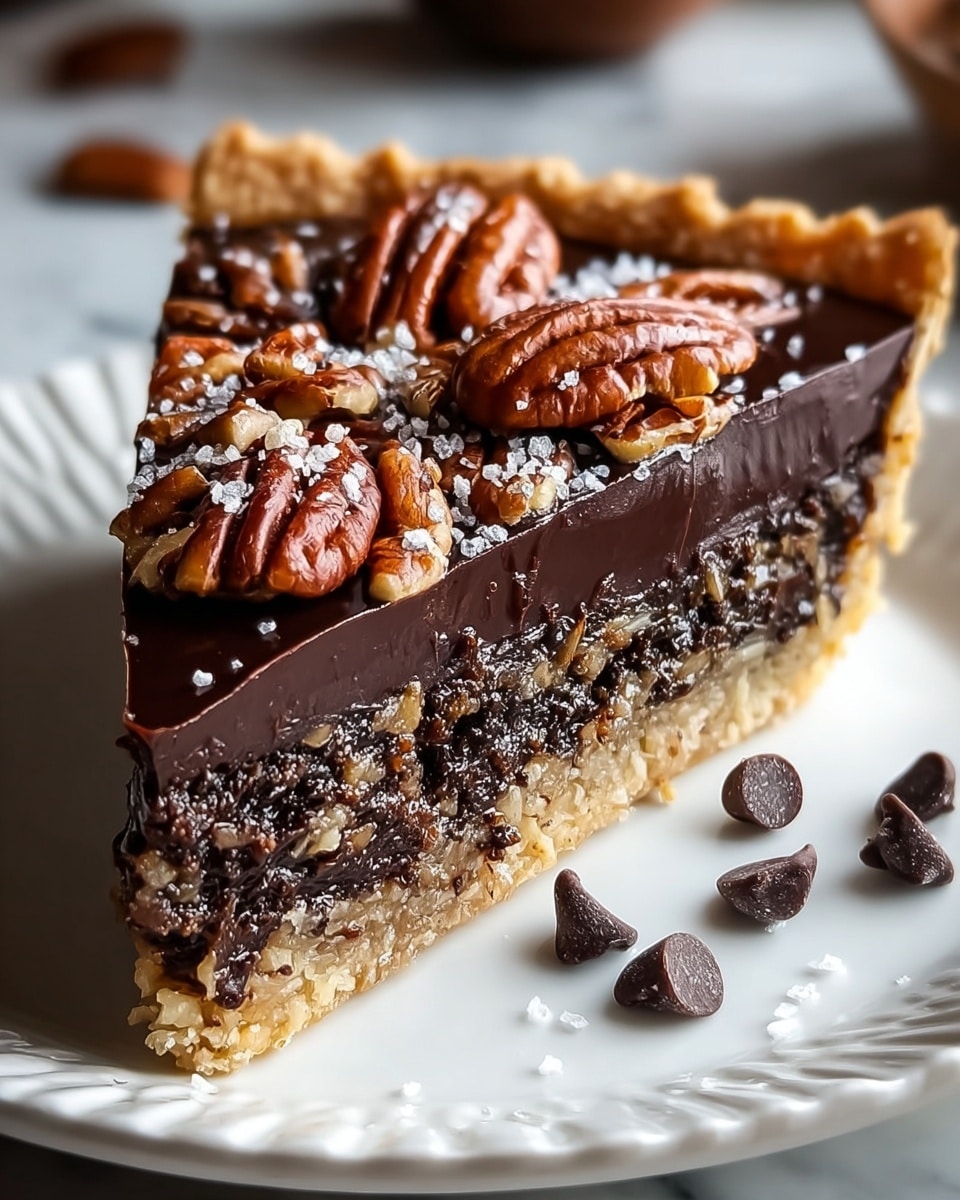 A close-up of a slice of pie on a white plate with a raised edge. The pie has three visible layers: the bottom crust is light golden brown and crumbly, the middle layer is dark chocolate with bits of nuts and a slightly grainy texture, and the top layer is a smooth, glossy dark chocolate ganache topped with whole and chopped pecans and a light sprinkle of coarse sea salt. Around the pie slice on the plate, there are scattered chocolate chips and a few salt grains. The background is a white marbled texture. Photo taken with an iphone --ar 4:5 --v 7