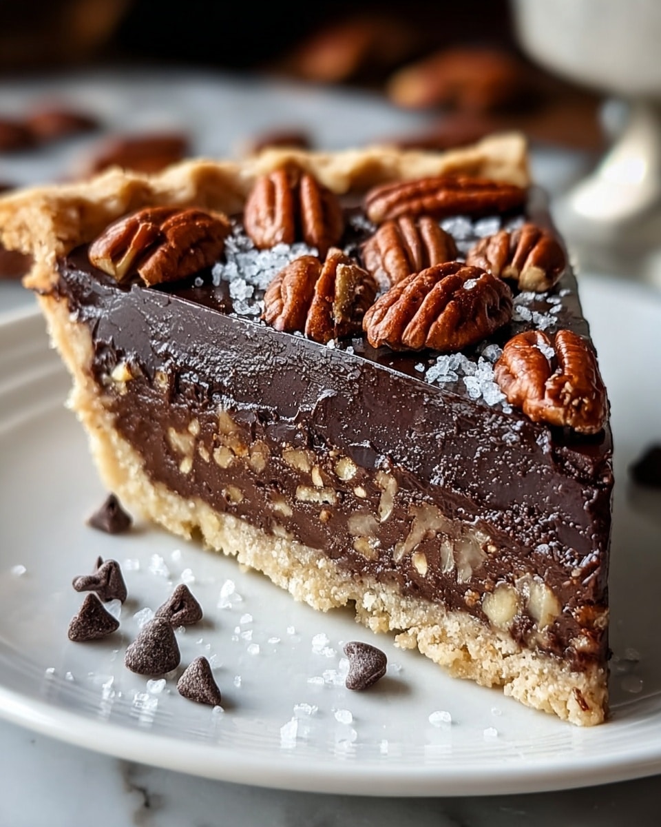 A single slice of pie is shown on a white plate resting on a white marbled texture. The pie has three clear layers: the bottom layer is a light brown, crumbly crust; the middle layer is thick, dark brown, and textured with visible nuts; the top layer is a smooth, glossy dark chocolate ganache. The ganache is decorated with whole and chopped pecans and a sprinkling of coarse salt. Small chocolate chips and flakes of salt are scattered around the plate's edge, adding detail to the scene. Photo taken with an iphone --ar 4:5 --v 7