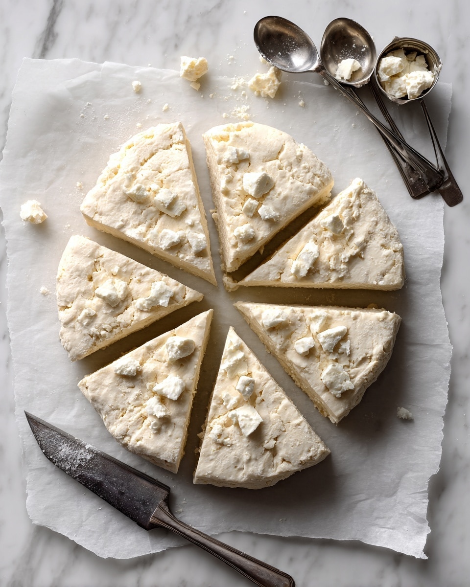 Two rounds of dough with small white chunks inside sit on parchment paper over a white marbled surface; one round is whole and the other is cut into six triangular wedges, showing a rough, soft texture with visible pieces evenly spread throughout. Metal measuring spoons and a dough scraper rest nearby on the white marbled surface. photo taken with an iphone --ar 4:5 --v 7