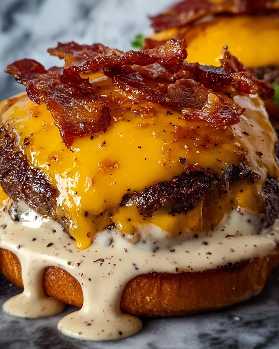 A close-up of a juicy cheeseburger with three visible layers—at the bottom, a toasted bun with a thick, browned beef patty; next, a creamy, light-colored sauce with black pepper specks dripping down the sides; on top, a bright orange melted cheddar cheese layer with several strips of crispy, golden-brown bacon scattered on it. The background is a white marbled texture, enhancing the warm colors of the burger. Photo taken with an iphone --ar 4:5 --v 7