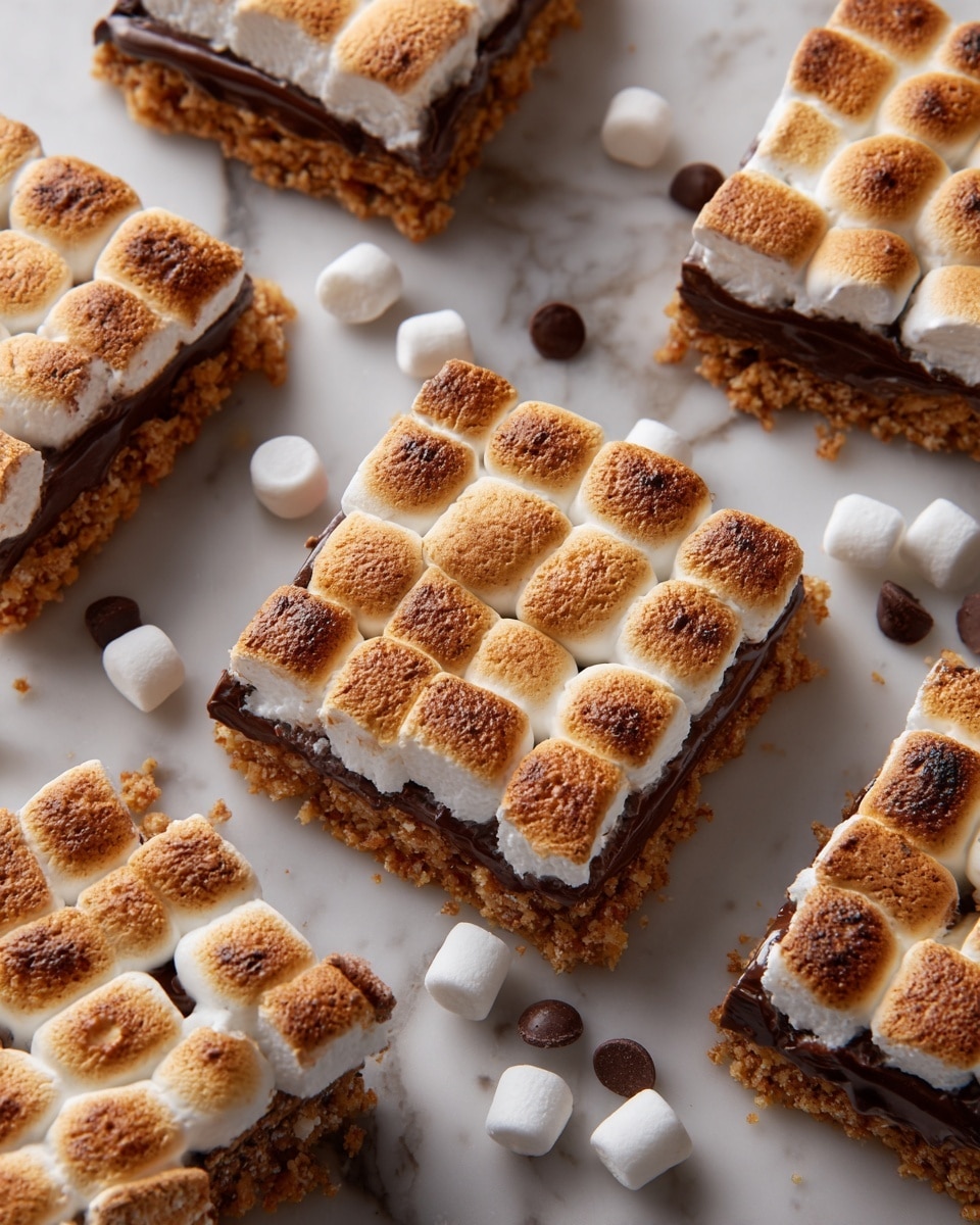 The image shows several square bars of s'mores arranged randomly on a white marbled surface. Each bar has three clear layers: the bottom layer is a golden brown crust with a crumbly texture, the middle layer is a smooth, dark chocolate filling, and the top layer is made of evenly toasted marshmallows, golden and slightly browned in parts, arranged in a grid pattern. Scattered around the bars are a few loose chocolate chips and small white marshmallows, adding extra detail to the scene. photo taken with an iphone --ar 4:5 --v 7