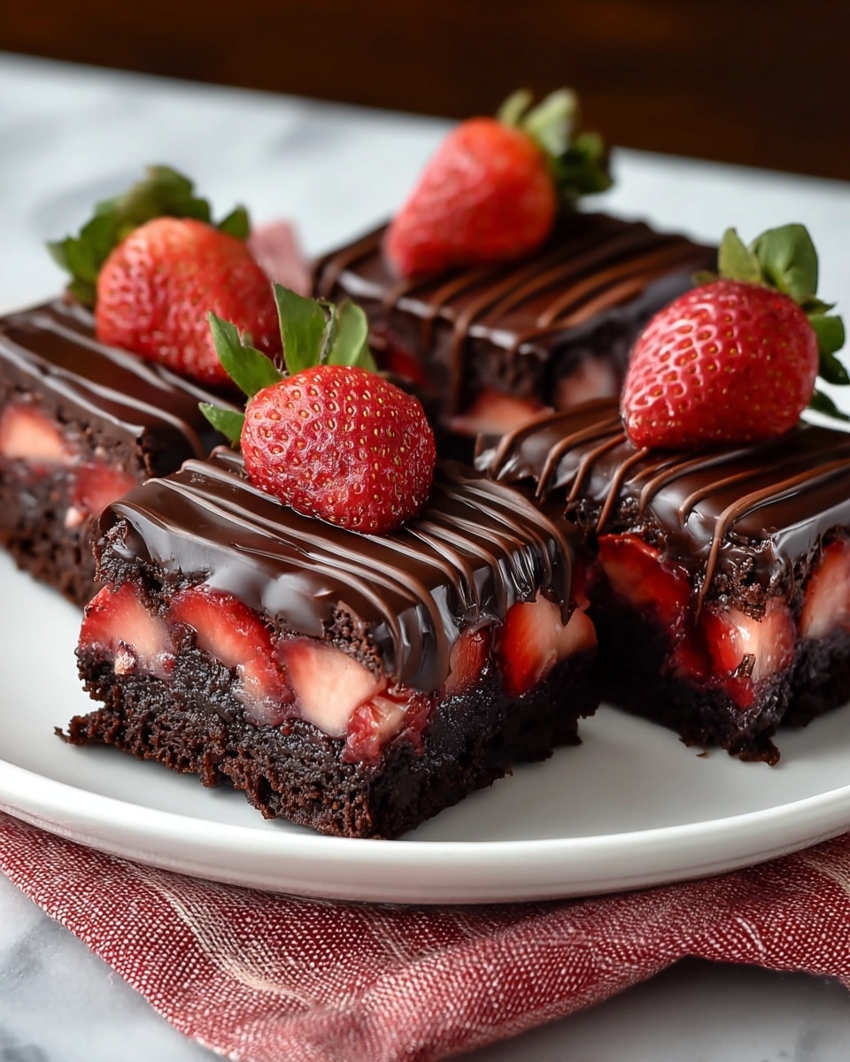 The image shows four square pieces of chocolate strawberry brownie dessert arranged neatly on a white plate placed over a red and white cloth. Each piece has three visible layers: a thick, dark brown brownie base with a moist and crumbly texture, a middle layer of fresh red strawberry slices embedded in a glossy dark chocolate filling, and a smooth, shiny chocolate ganache on top. Dark chocolate drizzle adds textured lines across the top of the ganache, and each square is finished with a half fresh strawberry with green leaves on top. The plate sits on a white marbled surface. photo taken with an iphone --ar 4:5 --v 7