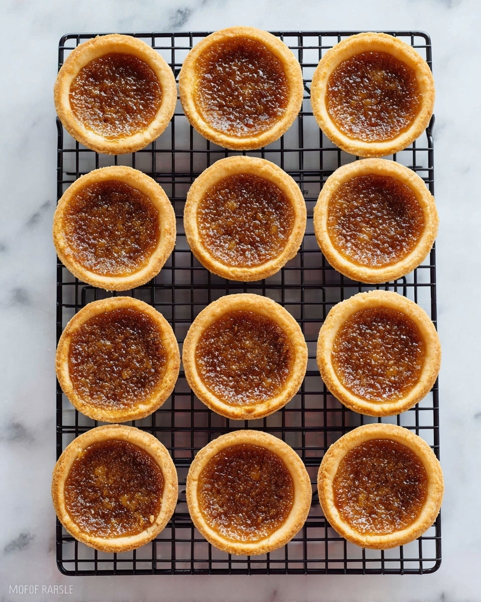 Twelve small tarts are placed in a grid of three rows and four columns on a black wire cooling rack. Each tart has a golden-brown crust, thick and slightly raised on the edges, with a sugary, caramelized brown filling that has a slightly bubbly texture on the surface. The crusts are smooth and evenly baked, contrasting with the rich, darker caramel top that fills the inside of each tart. The rack sits on a white marbled surface, giving a clean and bright background to the uniform arrangement of the tarts. photo taken with an iphone --ar 4:5 --v 7
