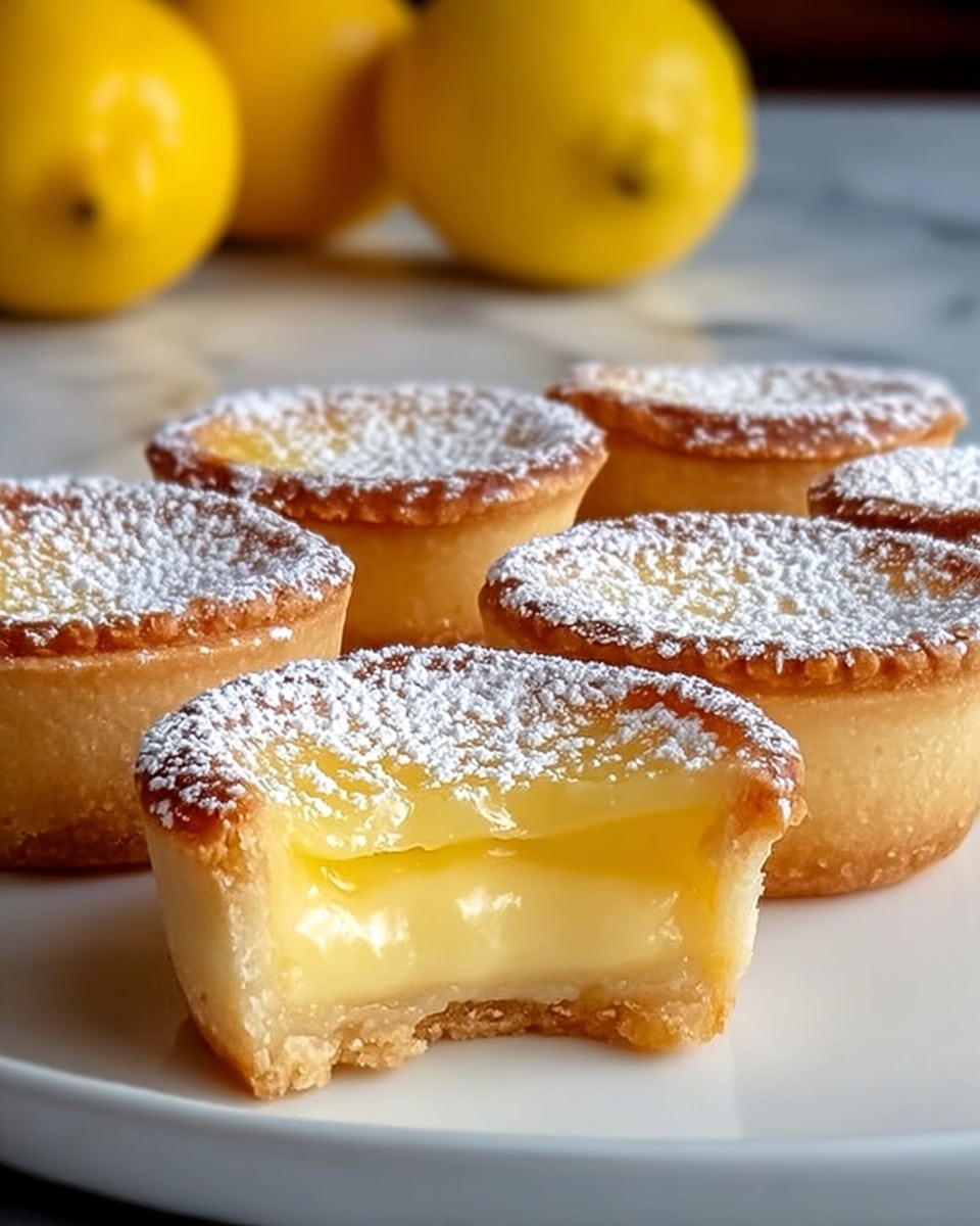 A close-up view of five small lemon tarts placed on a white plate, set on a white marbled surface. Each tart has a golden brown top lightly dusted with white powdered sugar. The tart in the front has a bite taken out, revealing three layers inside: a thin, firm crust at the bottom in light brown, a thick, smooth, shiny pale yellow lemon filling in the middle, and a slightly darker golden brown baked top layer. In the blurred background, two whole yellow lemons add a fresh touch. The overall scene is bright with a focus on the textures of the creamy filling and powdered sugar. Photo taken with an iphone --ar 4:5 --v 7