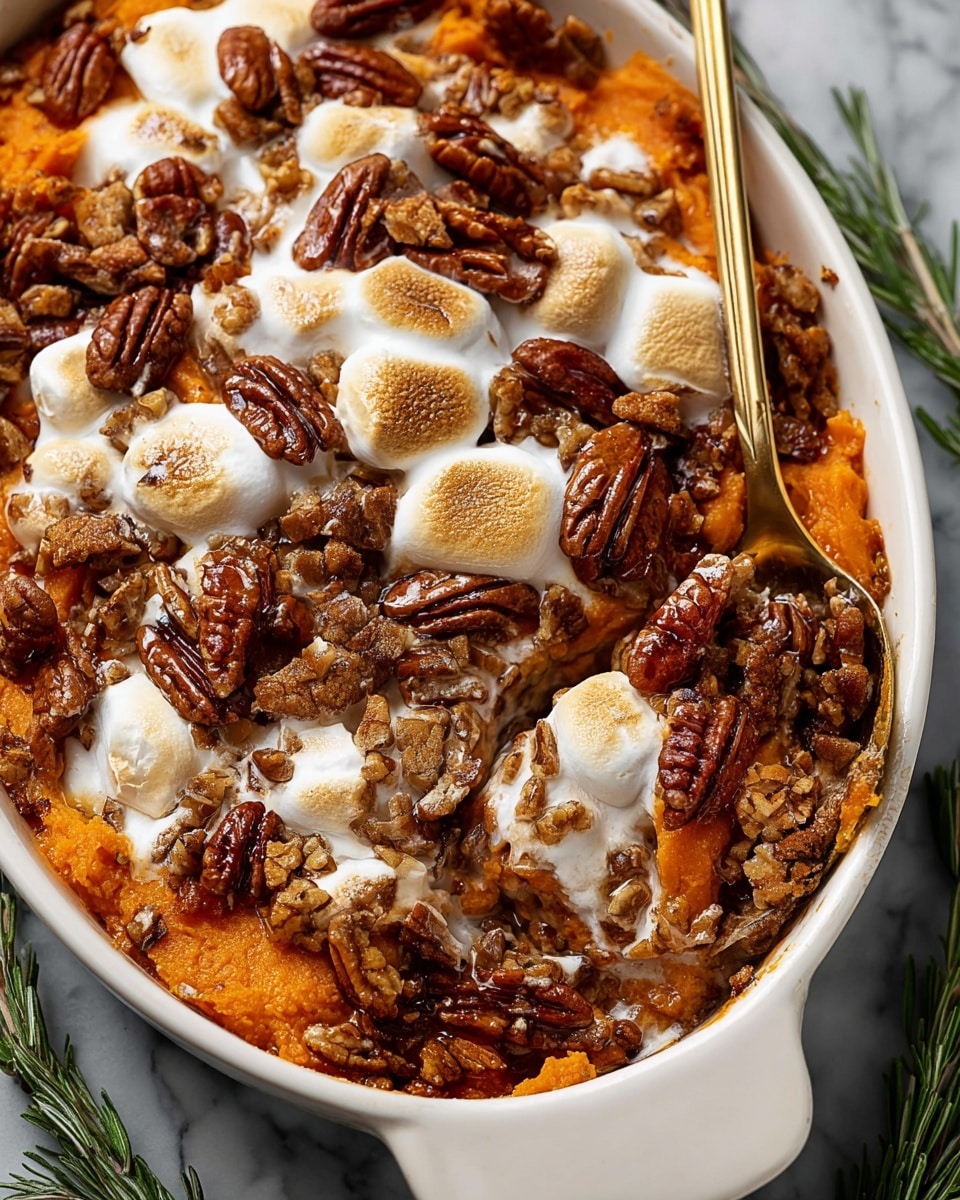 A close-up view of a white oval baking dish filled with a rich sweet potato casserole. The base layer consists of soft, chunky orange sweet potatoes, slightly mashed and spread evenly. Above this are large, melted, and toasted white marshmallows with a light golden-brown surface texture, partially melting into the sweet potatoes. Scattered thickly on top are whole, shiny brown pecans, creating a crunchy texture contrast across the dish. A gold spoon is partially submerged on the right side, pulling up some of the gooey mix. The dish is placed against a white marbled textured background with sprigs of rosemary nearby. photo taken with an iphone --ar 4:5 --v 7