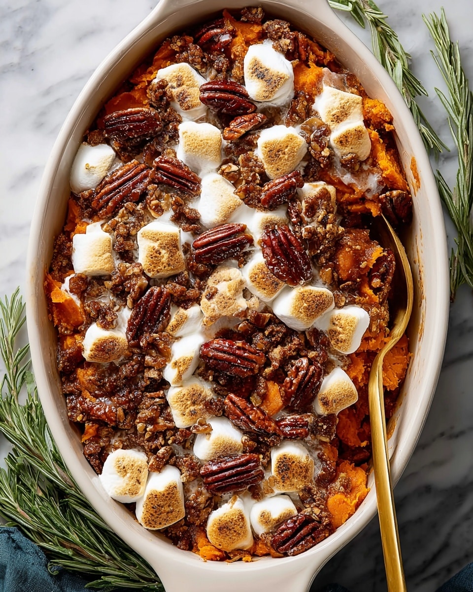 An oval white dish filled with a baked sweet potato casserole showing two main layers; the bottom layer is chunky orange sweet potatoes mixed with a brown cinnamon-like sauce, and the top layer is a mix of toasted, white marshmallows partially melted and golden brown paired with glossy, deep reddish-brown pecan halves scattered all over. A gold spoon is partially digging into the right side of the dish. The dish is set on a white marbled surface with a sprig of green rosemary placed near it. Photo taken with an iphone --ar 4:5 --v 7
