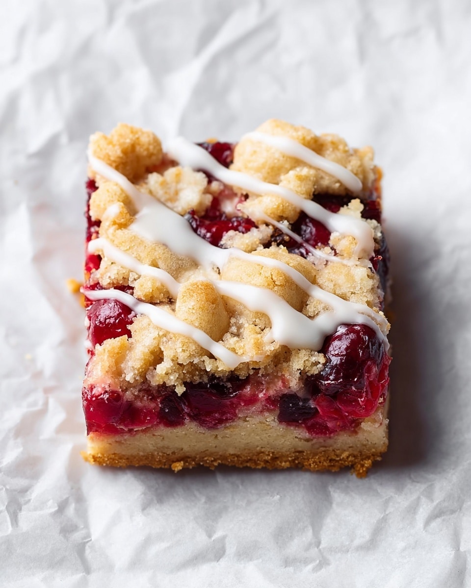 A square bar dessert with three visible layers: the bottom layer is a golden-brown crust, the middle layer is bright red with chunks of what looks like cranberries or cherries, and the top layer is a crumbly golden crust with uneven pieces. The top is drizzled with white icing in streaks. The dessert sits on a crumpled white paper background that resembles a white marbled texture. photo taken with an iphone --ar 4:5 --v 7