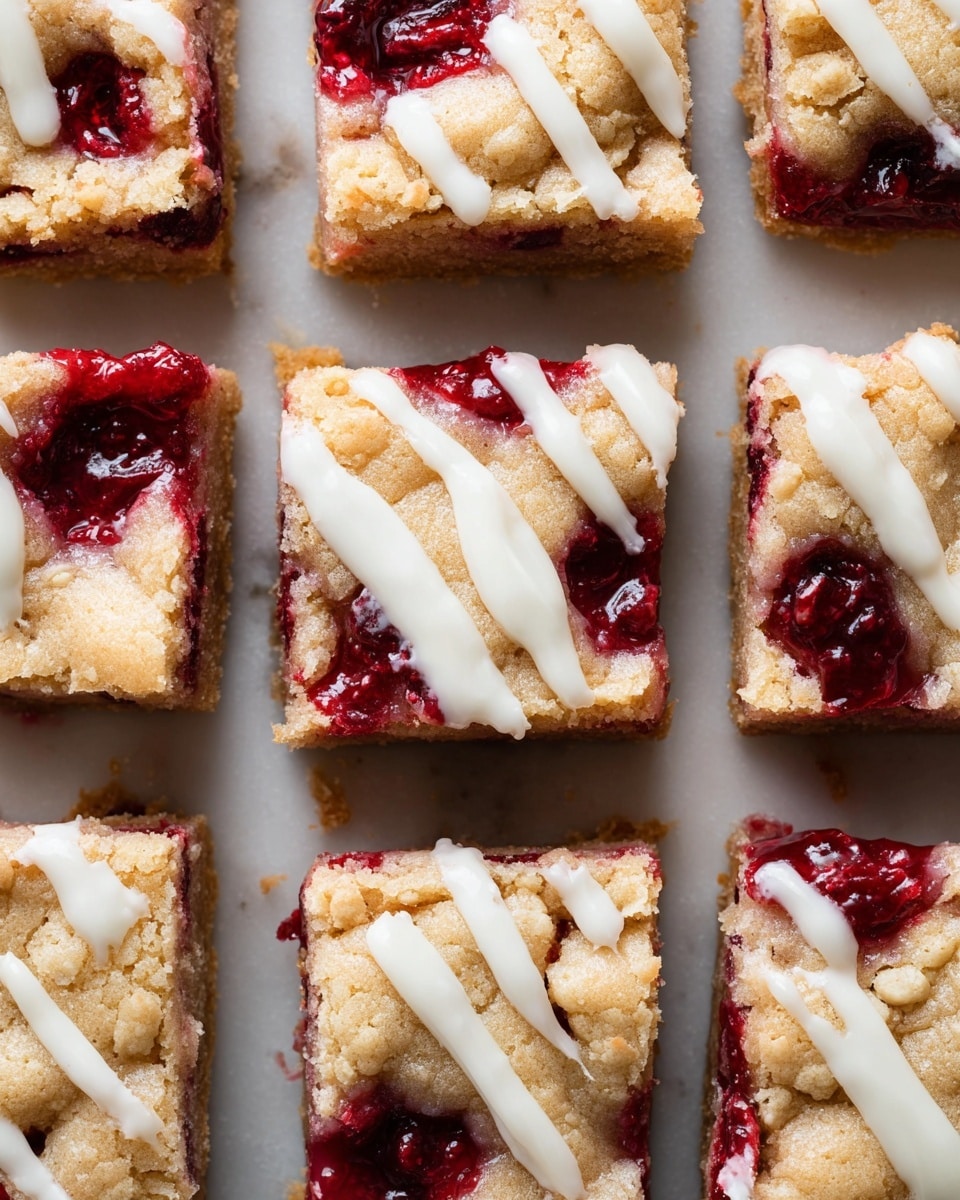 The image shows square pieces of a crumbly, light golden dessert with visible cracks on the surface, each topped with a drizzle of white icing. Inside, there is a thick layer of deep red berry filling, slightly oozing out from the center, adding contrast with its shiny and juicy texture. The dessert pieces are arranged neatly in rows on a white marbled surface, highlighting the crumbly top layer and the moist filling underneath. Each piece has roughly two layers – the golden crumbly top and the rich red berry layer beneath it. photo taken with an iphone --ar 4:5 --v 7