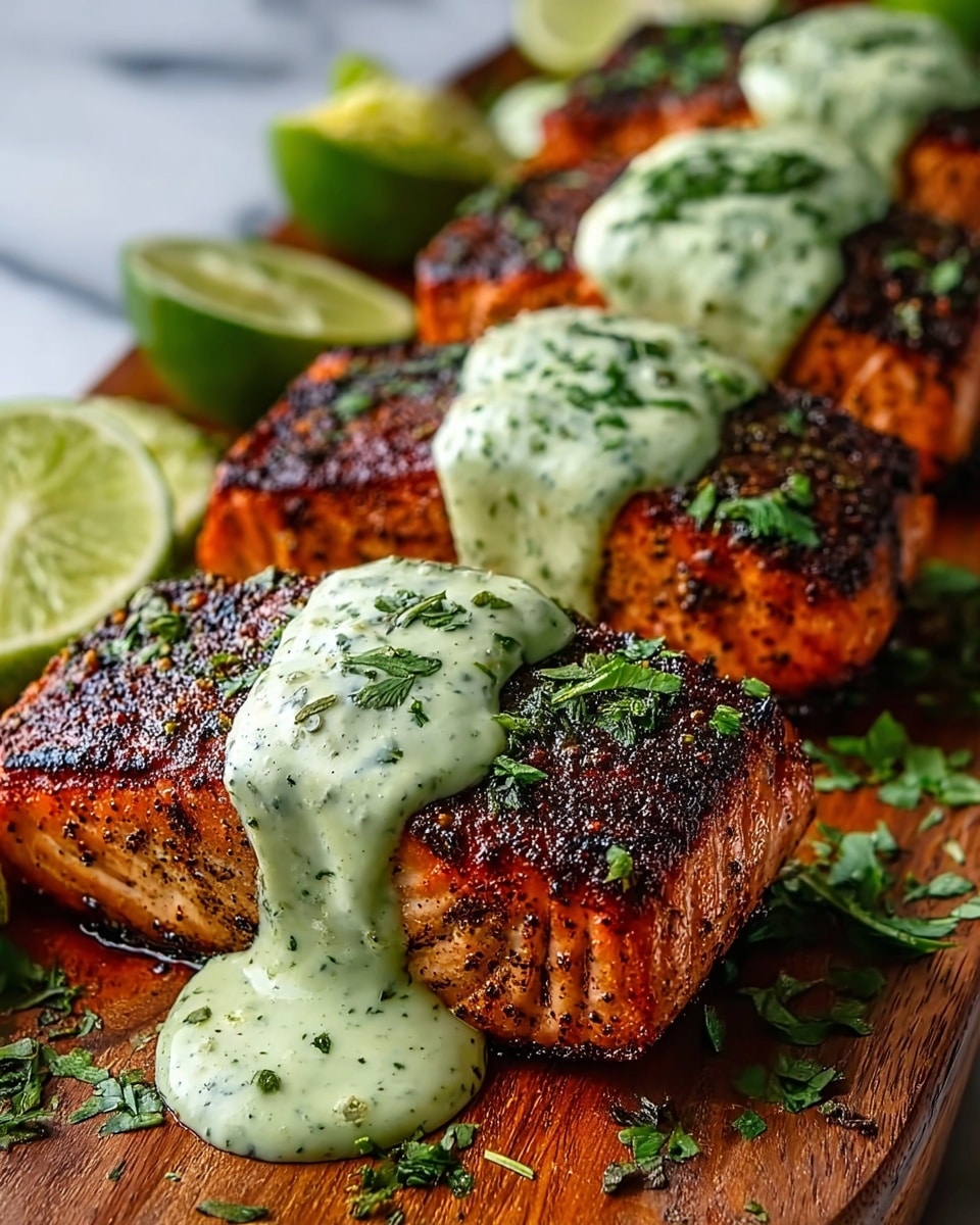 The image shows four thick pieces of grilled salmon arranged in a row on a wooden platter, each piece with a crispy, dark reddish-brown crust seasoned with herbs and spices. A creamy, pale green sauce with flecks of herbs is generously drizzled over the top of each salmon piece, dripping down the sides. Fresh green herbs sprinkle the salmon and sauce, adding freshness and contrast. A couple of lime wedges sit beside the salmon, providing a pop of bright green color. The background is a white marbled texture. photo taken with an iphone --ar 4:5 --v 7