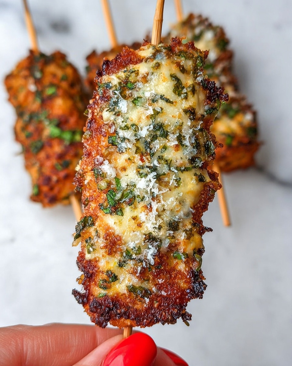 A close-up view of a hand holding a skewer with a crispy, golden-brown fried piece of food covered in melted cheese and finely chopped green herbs, with a layer of white grated topping sprinkled over it. The piece has a rough and crunchy texture with some dark brown edges, and the skewer extends from top to bottom. In the background, three more similar skewers rest on a white marbled surface, slightly blurred to highlight the main skewer. The woman's fingernails are painted bright red, adding a pop of color to the image. photo taken with an iphone --ar 4:5 --v 7