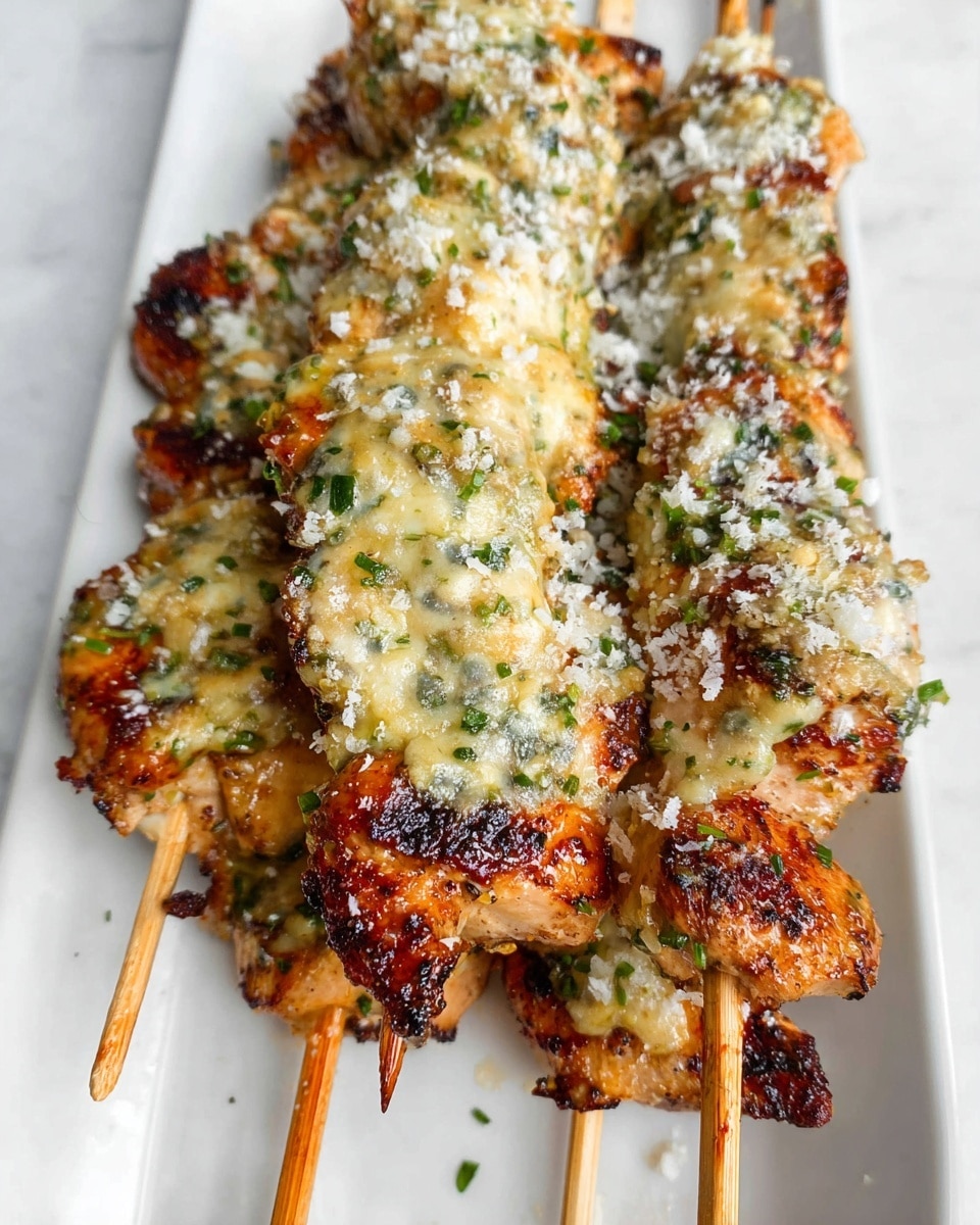 Several grilled chicken skewers are stacked closely on a long white rectangular plate placed on a white marbled surface. Each skewer has a golden-brown grilled chicken layer as the base, covered with a thick layer of melted cheese mixed with finely chopped green herbs and small bits of minced garlic. The cheese topping is bubbly and slightly browned, with sprinkled white grated cheese on top adding a rough texture. The wooden skewers stick out from the bottom, showing some char marks from grilling. The image focuses closely on the food, highlighting the melty, cheesy, and savory details. photo taken with an iphone --ar 4:5 --v 7