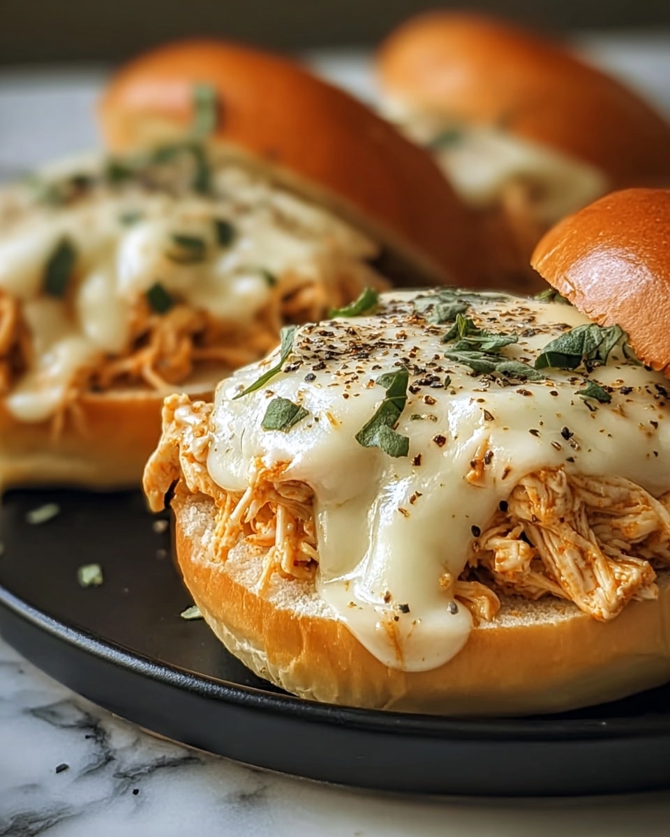 A close-up view of three open-faced sandwiches on a dark plate, placed on a white marbled surface. Each sandwich has a soft, light brown bun base topped with a layer of shredded chicken in a light orange sauce. Over the chicken, there is a thick layer of melted white cheese that drips slightly over the edges, sprinkled with black pepper and small green herb leaves scattered on top. The sandwiches are arranged with one in the front clearly visible and two blurred in the background. photo taken with an iphone --ar 4:5 --v 7