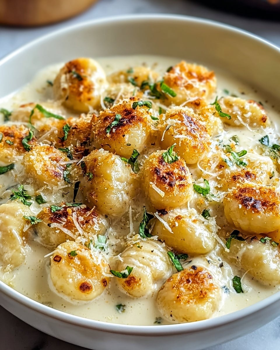 This close-up image shows a white bowl filled with gnocchi covered in a creamy white sauce. The gnocchi pieces are round and soft with a lightly browned, crispy top layer, sprinkled with grated cheese and fresh green herbs for color contrast. The sauce is smooth and thick, pooling gently around the gnocchi, making the dish look rich and comforting, all set on a white marbled surface. photo taken with an iphone --ar 4:5 --v 7