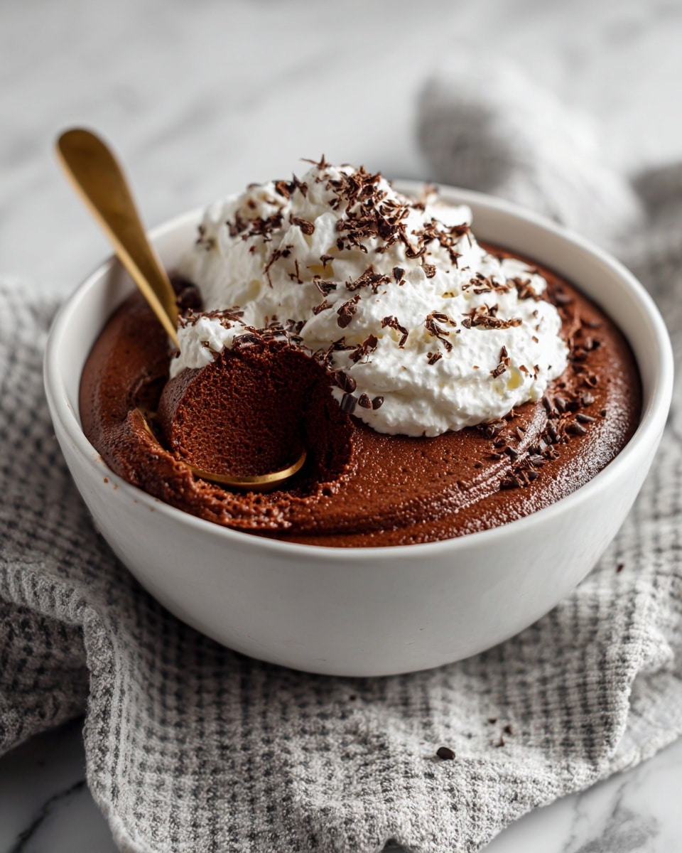 A close-up of a white bowl containing a rich, dark brown chocolate mousse with a light, airy texture. On top of the mousse, there is a layer of fluffy white whipped cream scattered with small chocolate shavings. A gold spoon holds a scoop of the mousse with some whipped cream on its edge, placed near the bowl’s rim. The bowl rests on a soft textured cloth with gray and white check patterns, set against a white marbled background. photo taken with an iphone --ar 4:5 --v 7
