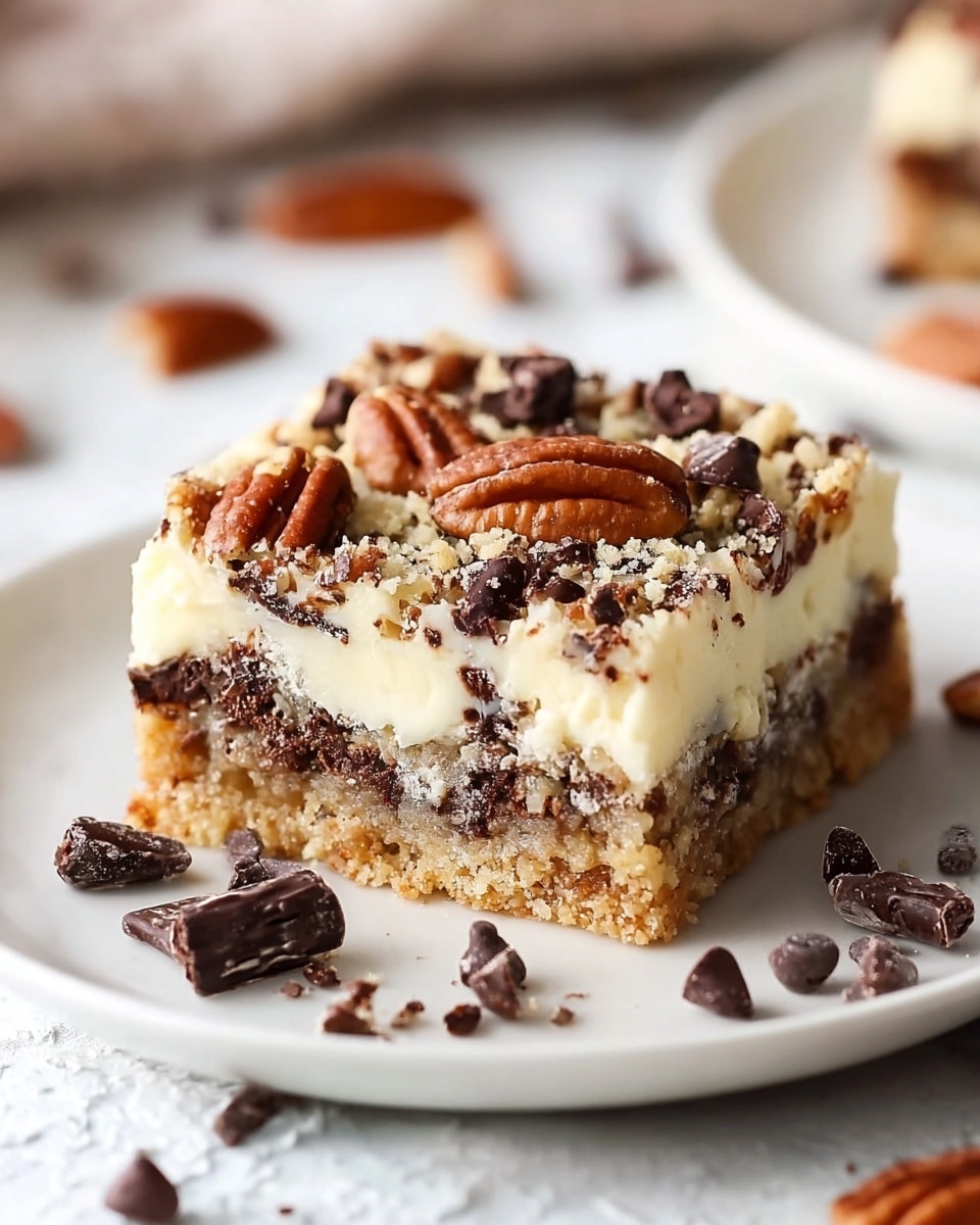 A square dessert bar is placed on a white plate set on a white marbled textured surface. The dessert has three visible layers: the bottom layer is a crumbly golden-brown crust, the middle layer is a thicker light brown mix with dark chocolate chunks, and the top layer is creamy white with scattered dark chocolate chips and whole pecan halves. Some crumbs and chocolate pieces are scattered around the plate. Photo taken with an iphone --ar 4:5 --v 7
