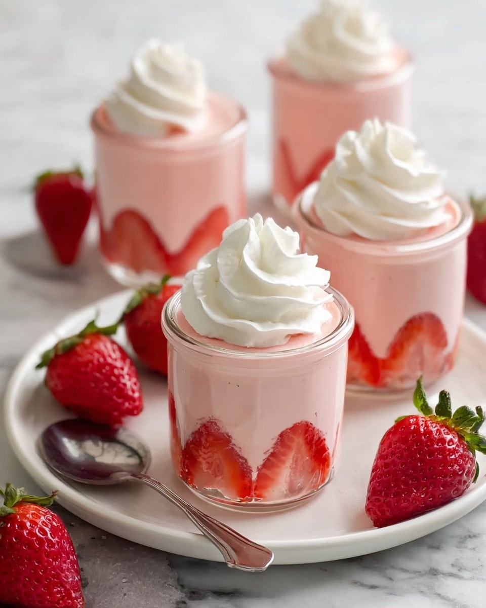 The image shows four small glass jars filled with a creamy pink dessert, each jar lined inside with strawberry slices around the base, creating a red and translucent layer. The pink creamy middle layer is smooth and thick, topped with a swirl of white whipped cream. The jars are placed on a white plate, with whole fresh strawberries scattered around and a silver spoon resting on the plate’s edge. The setting is on a white marbled surface. photo taken with an iphone --ar 4:5 --v 7
