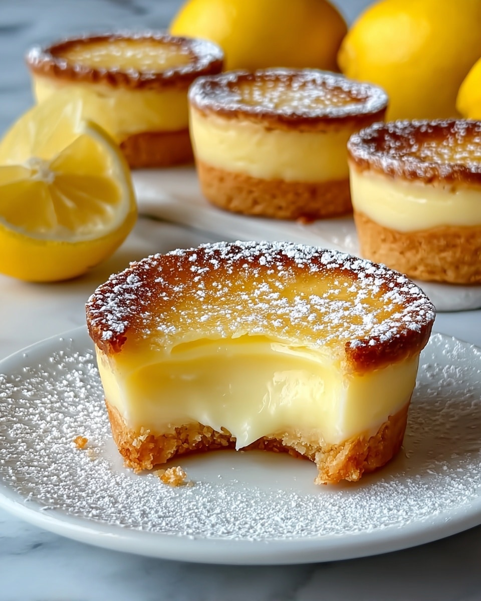 The image shows a small round lemon tart with three visible layers: a bottom golden brown crust layer that looks crumbly, a thick pale yellow creamy filling layer in the middle, and a top caramelized light brown layer with a dusting of white powdered sugar. One tart is in the front, placed on a white plate with powdered sugar sprinkled around it, and a bite is taken out of the tart showing the creamy inside. Behind this tart, there are three more whole tarts and a few whole and half sliced bright yellow lemons as decoration. All is set on a white marbled surface. Photo taken with an iphone --ar 4:5 --v 7