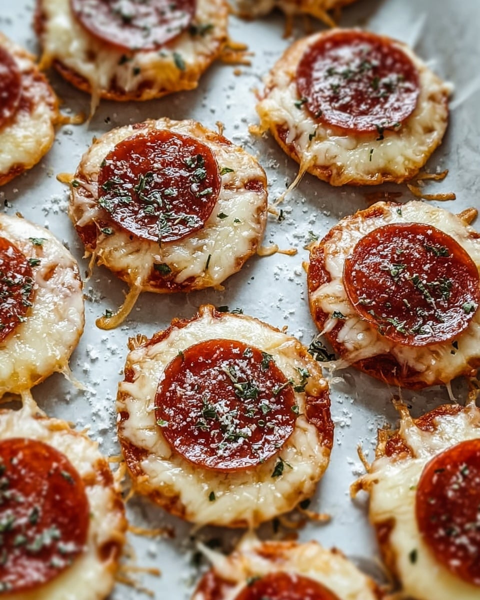 The image shows several small round snacks on parchment paper over a white marbled surface. Each snack has two layers: the bottom layer is melted, slightly browned cheese that spreads unevenly in a circular shape with crispy edges. On top of the cheese sits a round, shiny pepperoni slice that is deep red with a slightly oily texture. The pepperoni is sprinkled with finely chopped green herbs and a light dusting of white grated cheese. The snacks are arranged in rows, filling a large baking tray. photo taken with an iphone --ar 4:5 --v 7