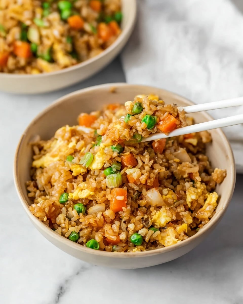 A bowl of fried rice with visible layers of small orange carrot cubes, green peas, light yellow scrambled egg pieces, and translucent cooked onions mixed evenly with brown fried rice grains. The rice texture looks slightly moist and glossy, with the vegetables providing pops of color throughout. Two white chopsticks rest inside the bowl, lifting some of the rice, and the bowl itself is a simple beige color. The background shows another bowl of the same dish slightly out of focus, all set on a white marbled surface with a white cloth nearby. Photo taken with an iphone --ar 4:5 --v 7