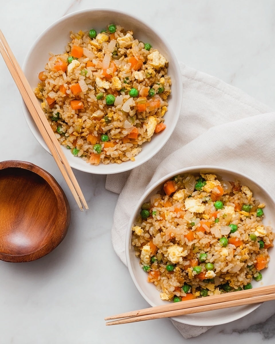 Two white bowls filled with fried rice containing small green peas, diced orange carrots, and scrambled egg pieces mixed with light brown rice grains and translucent cooked onion bits. One bowl is on top, slightly to the right, placed on a white cloth on a white marbled surface, with a pair of light-colored chopsticks resting on its edge. The other bowl is at the bottom left, also with light chopsticks inside, showing similar texture and color. To the top left, a wooden round container and coaster add subtle warm tones to the scene. photo taken with an iphone --ar 4:5 --v 7