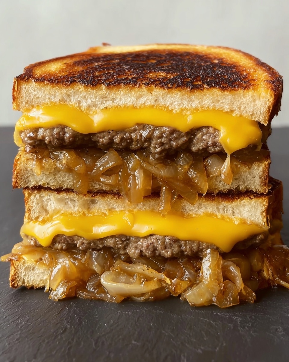 A close-up image of a sandwich with four distinct layers: at the bottom is a toasted slice of golden brown bread with a crusty texture, followed by a layer of cooked caramelized onions that look soft and shiny. Above the onions are two thick grilled beef patties, each melted with a smooth, bright yellow cheese that slightly drips over the edges, layered between the patties. On the very top is another toasted slice of golden brown bread with a nicely charred surface. The sandwich is sitting on a dark surface with a plain blurred background. photo taken with an iphone --ar 4:5 --v 7