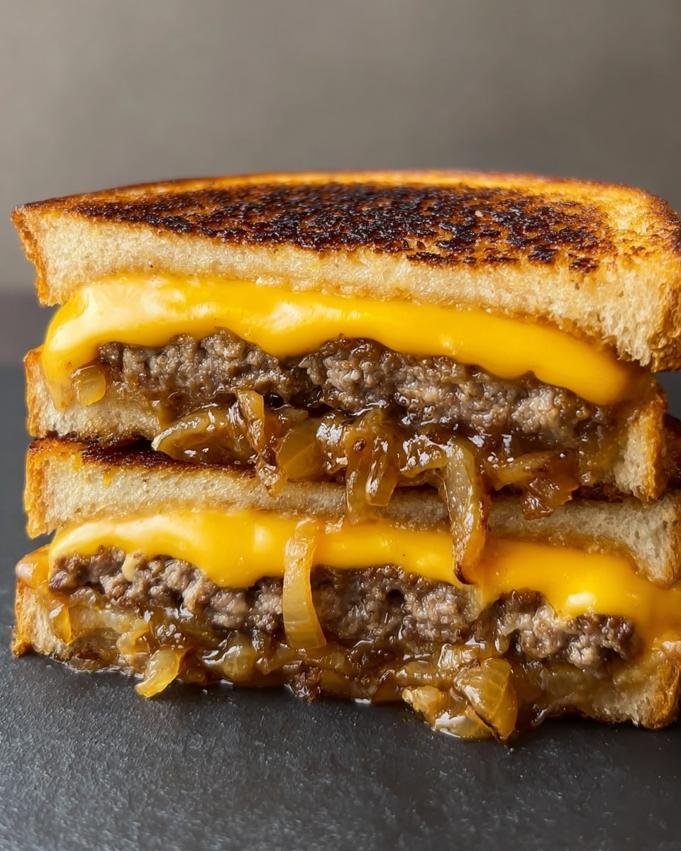 A close-up view of a sandwich cut in half showing three main layers inside two slices of golden brown toasted bread with a slightly charred top texture. The bottom layer consists of caramelized onions with a glossy, soft appearance, layered thickly beneath the first melted yellow cheddar cheese slice that covers the first cooked beef patty with a slightly rough, well-grilled texture. Above that is another thick layer of melted cheddar cheese that drapes over a second beef patty, followed by more caramelized onions peeking from the edges, all held together by the top toasted bread slice. The sandwich sits on a dark surface with a minimalistic look, and the background is out of focus. photo taken with an iphone --ar 4:5 --v 7