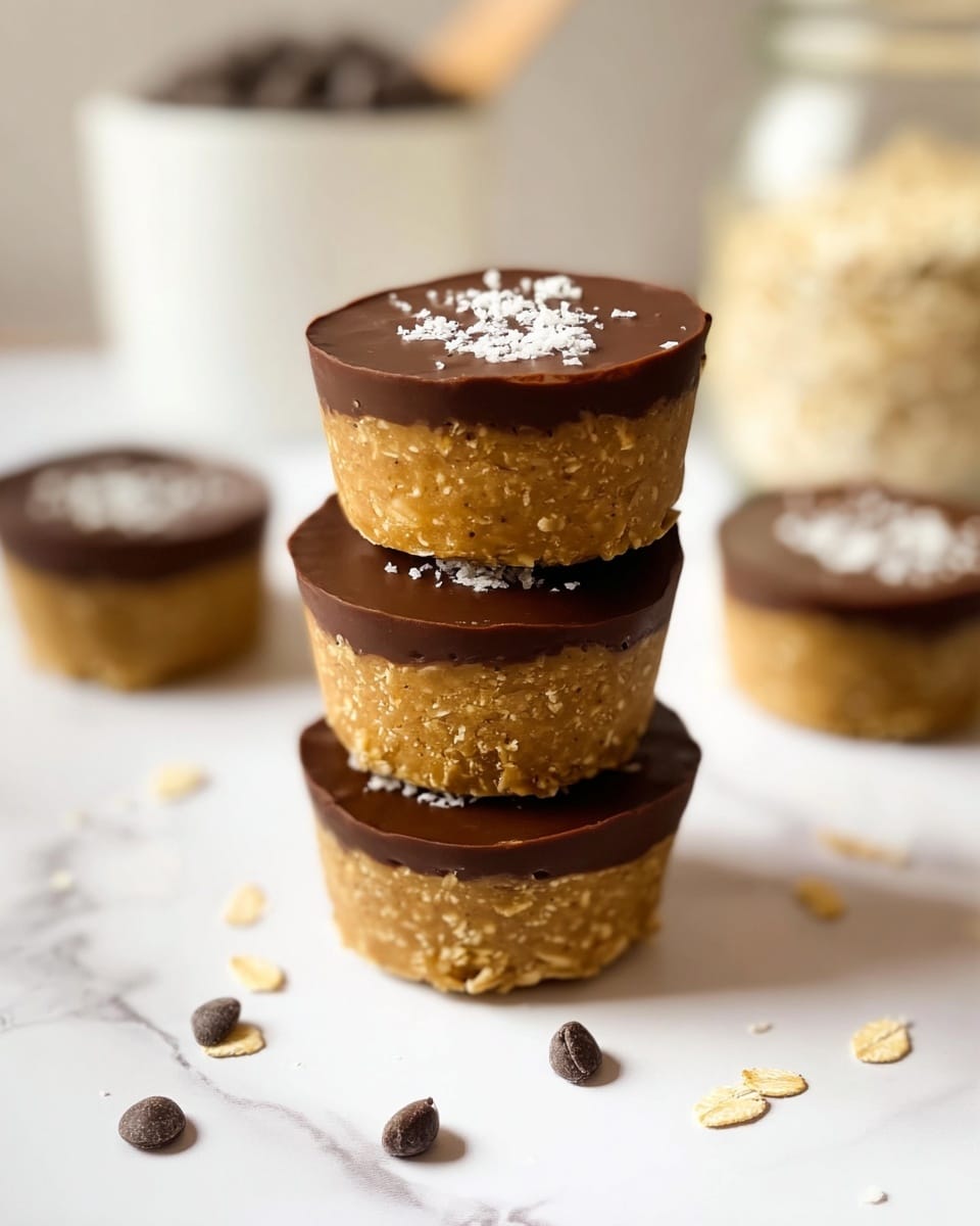 A stack of four small round treats sits on a white marbled surface, each one made of two layers: a thick, textured golden-brown base that looks like oatmeal or peanut butter, topped with a smooth, dark chocolate layer sprinkled lightly with small white flakes. The treats are neatly stacked one on top of the other, slightly tilted. Around the stack on the white marbled surface, there are dark chocolate chips scattered, and in the blurry background, a white jar filled with light-colored oats is visible along with another similar treat lying flat. photo taken with an iphone --ar 4:5 --v 7