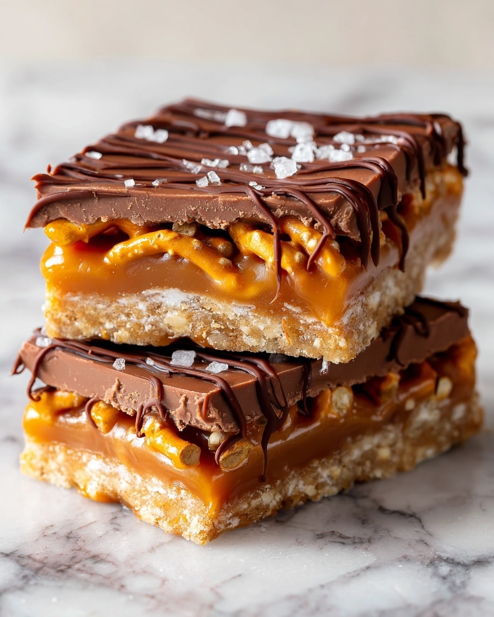 The image shows two square pieces of a layered dessert stacked on top of each other on a white marbled surface. Each piece has three visible layers: a bottom layer of crunchy pretzel sticks fused together in a beige color, a middle layer of thick golden caramel dripping slightly over the edges, and a top layer of smooth milk chocolate with dark chocolate drizzles creating thin lines across it. Large flakes of coarse sea salt are scattered evenly over the top chocolate layer, adding texture and contrast. The edges of the dessert pieces show the distinct layers and the caramel oozing softly. Photo taken with an iphone --ar 4:5 --v 7