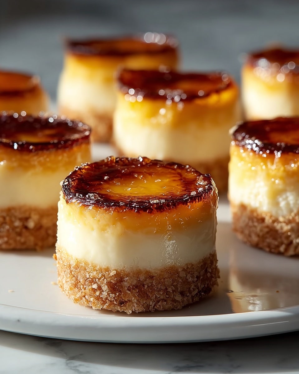 The image shows small round desserts on a white plate placed on a white marbled texture. Each dessert has three visible layers: a bottom crust layer with a crumbly golden-brown texture, a thick middle layer of creamy white custard, and a top layer of glossy, caramelized golden-brown topping that looks slightly burnt at the edges. The desserts are arranged close to each other with soft light shining from the background, creating a warm and inviting look. photo taken with an iphone --ar 4:5 --v 7