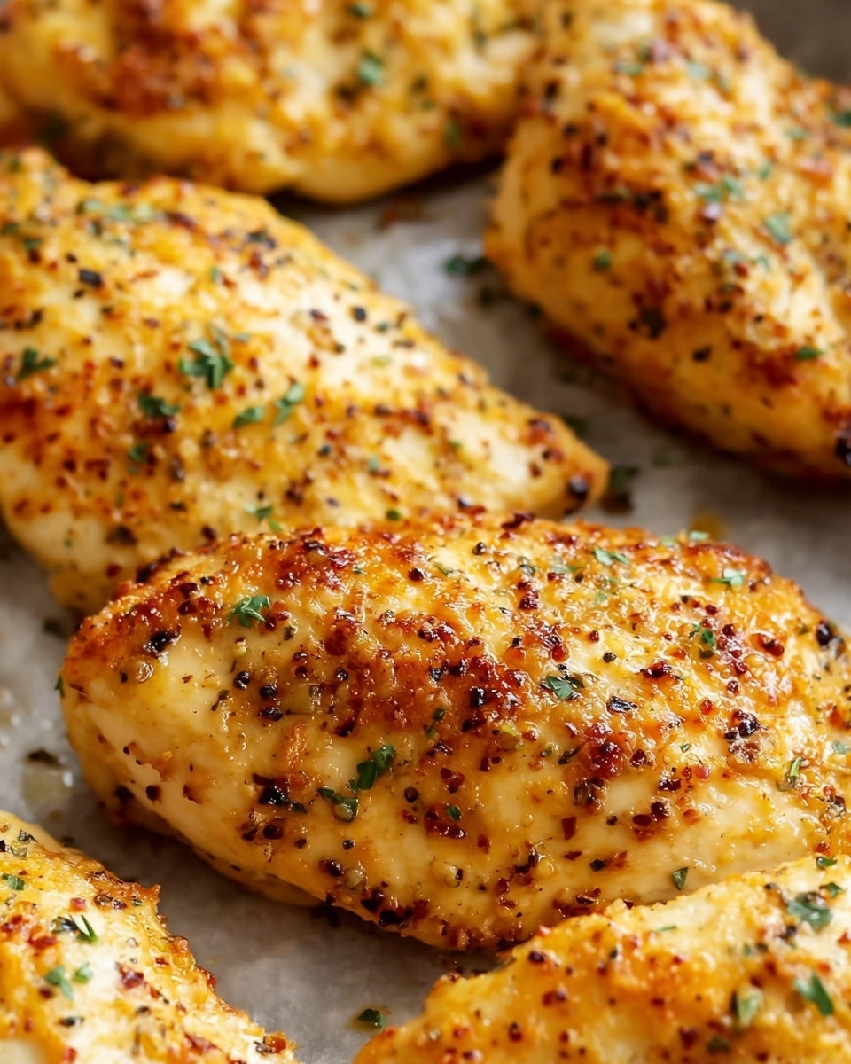 The image shows several golden-brown baked chicken breasts on a baking tray, each piece having a crispy texture with small browned spots and a sprinkle of black pepper and green herbs. The chicken pieces are plump and juicy, with a slightly uneven surface that shows the crunchy baked coating. The close-up view highlights the small bits of seasoning and the light charred marks, giving a fresh and appetizing look. The background is a white marbled texture. Photo taken with an iphone --ar 4:5 --v 7
