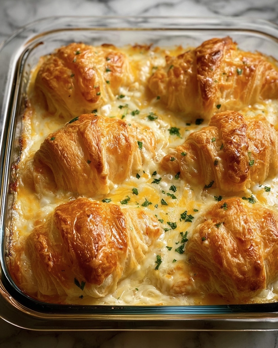 The image shows a glass baking dish filled with six golden-brown croissant shapes baked with melted cheese on top and around them. Each croissant has a shiny, flaky crust with visible layers of light brown color. The melted cheese forms a creamy yellow layer, bubbling and covering the edges between the croissants. Small green herb pieces are sprinkled on top, adding a touch of color contrast. The dish is placed on a white marbled surface, highlighting the warm colors of the baked croissants. photo taken with an iphone --ar 4:5 --v 7