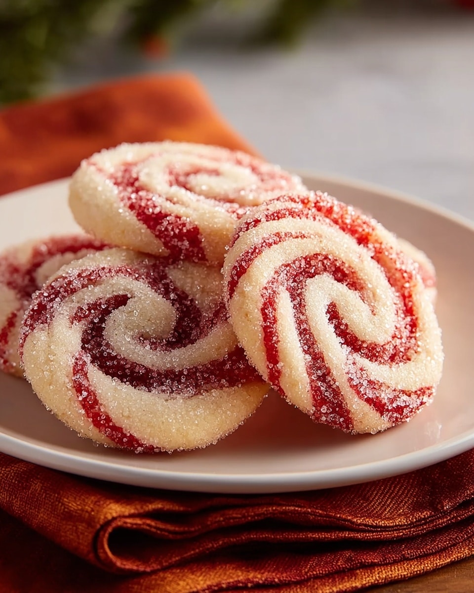 A white plate holds four round swirl cookies stacked slightly on each other, each cookie showing a pattern of red and white twisted layers with a sugar-coated texture, sparkling granules cover the top surface adding a frosted look. The plate rests on a folded, warm-toned orange and brown cloth, set against a white marbled textured surface with a soft blurred natural background. photo taken with an iphone --ar 4:5 --v 7