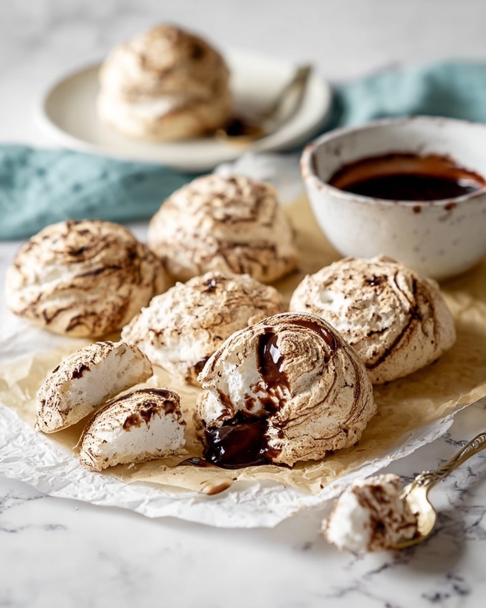 The image shows several round meringue cookies with a rough, crumbly texture and light brown and white swirl patterns on a sheet of parchment paper. One meringue is broken into pieces in front. Behind, there is a small white bowl filled with dark chocolate sauce. In the background, one meringue rests on a small white plate with a spoon nearby. All items are placed on a surface with a white marbled texture. photo taken with an iphone --ar 4:5 --v 7