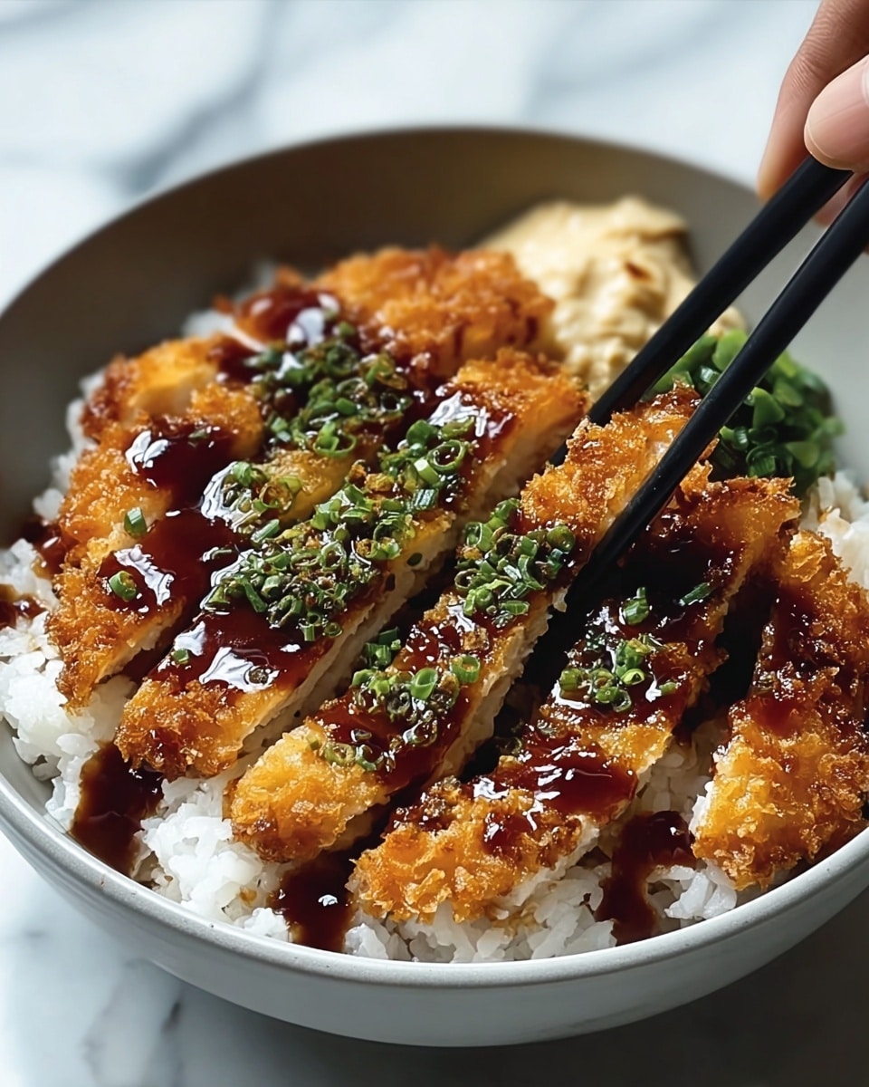 A bowl with three main layers: the bottom layer is white steamed rice with a soft, slightly sticky texture; on top sits a thick, golden-brown fried chicken cutlet, sliced into strips showing juicy white meat inside; the chicken is covered in a dark, glossy sauce that drips slightly down the sides, and chopped green onions are sprinkled over it for a fresh contrast. In the background, there is a small portion of light beige paste or cream on the rice. A pair of black chopsticks held by a woman's hand is gently picking up a piece of the chicken. The bowl is plain white and sits on a white marbled surface. Photo taken with an iphone --ar 4:5 --v 7