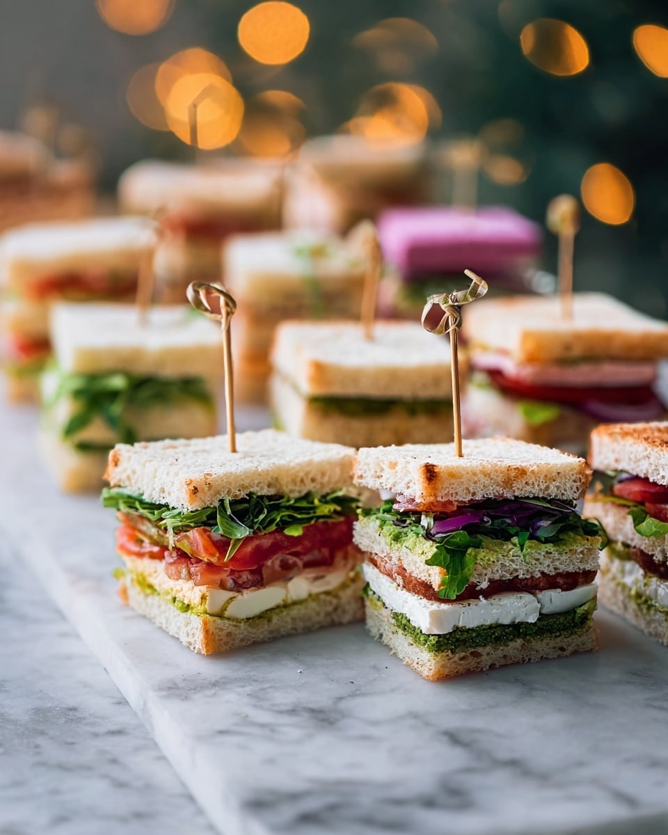 The image shows small square sandwiches arranged in rows on a white marbled surface, each held together with a wooden skewer. Each sandwich has four layers: a thick, soft, light brown bread piece on top, a colorful middle layer with green leafy vegetables, slices of red tomato, and a green herb spread or sauce, followed by a creamy white cheese layer, and a bottom piece of the same light brown bread. The sandwiches in the background vary slightly in fillings, with some having a pink or purple spread in the middle layer. The scene is softly lit with blurred warm lights in the background, giving a cozy, inviting feel. Photo taken with an iphone --ar 4:5 --v 7