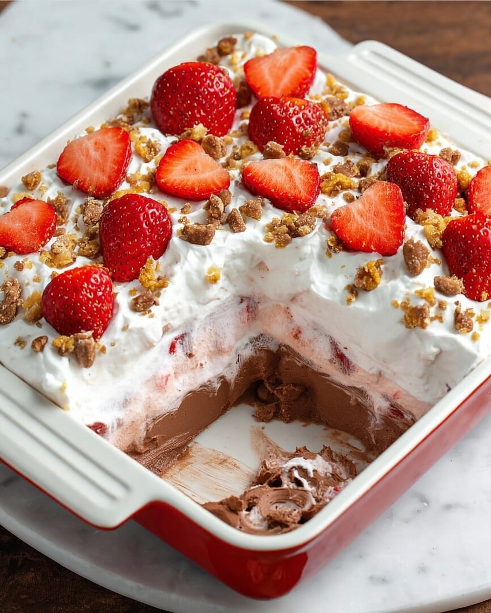 A square white dish filled with three visible layers: the bottom layer is light pink with bits of strawberry, the middle layer is a smooth dark brown chocolate mousse, and the top layer is thick white whipped cream. On the whipped cream, there are fresh red strawberry halves and sprinkled chunks of granola spread evenly. One corner of the dessert is scooped out, showing all three layers clearly. The dish is placed on a white marbled surface. Photo taken with an iphone --ar 4:5 --v 7