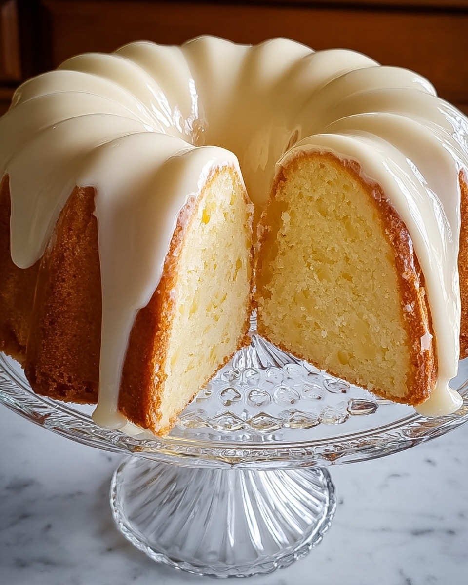 A Bundt cake with one large slice cut out shows five layers of soft, light yellow cake inside. The cake is covered with a smooth, thick white icing that flows down the sides in gentle waves, covering the entire top and edges. It sits on a clear glass cake stand with a decorative base, placed on a white marbled surface. The warm lighting highlights the moist texture of the cake and the shiny glaze of the icing. Photo taken with an iphone --ar 4:5 --v 7