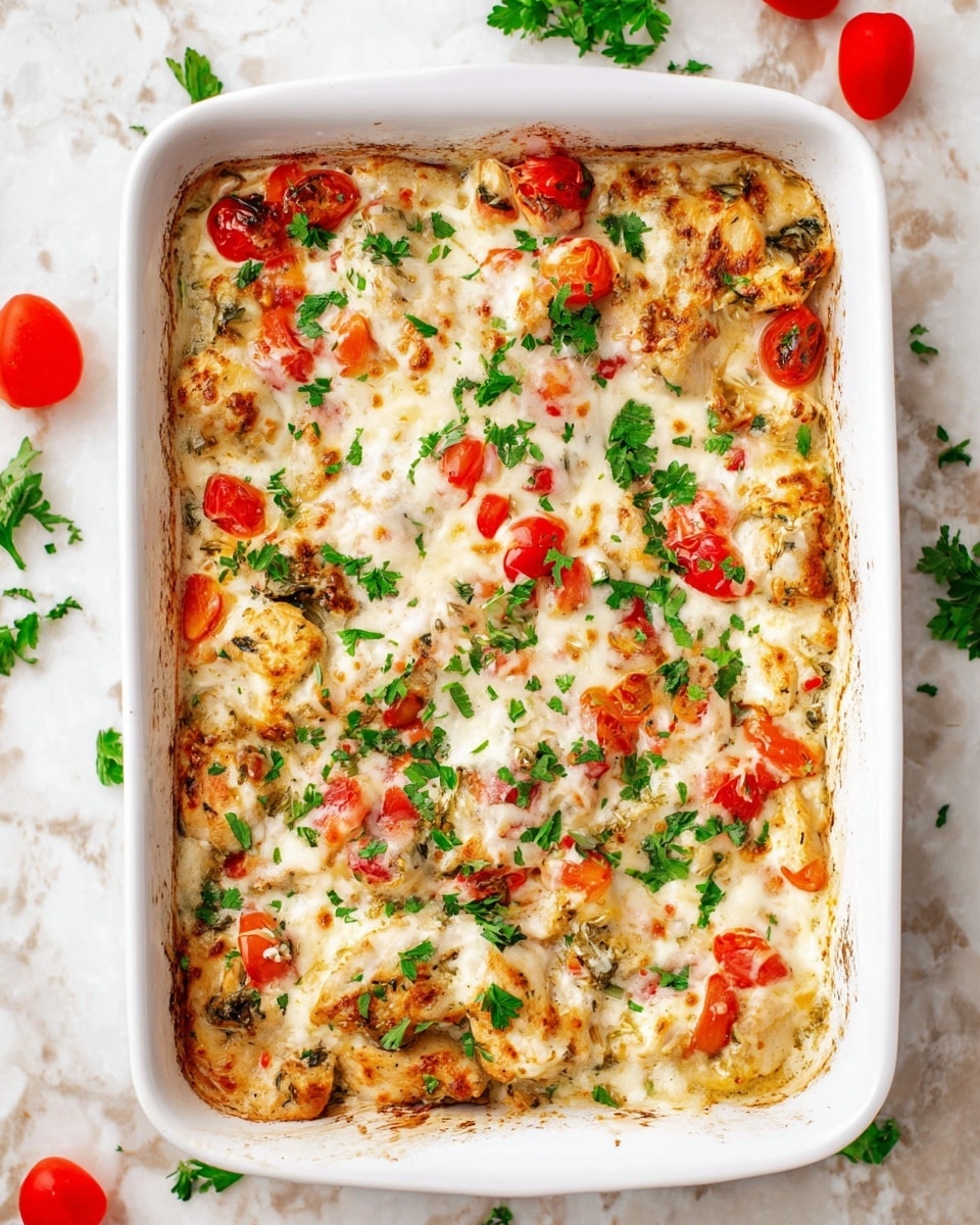 The dish is a baked casserole in a white rectangular baking dish filled with one main layer of cooked chicken pieces covered by a layer of melted white cheese mixed with red cherry tomato halves and small bits of green herbs and vegetables scattered throughout. The top is sprinkled with chopped fresh green parsley, adding a bright color contrast to the creamy and cheesy texture beneath. The edges of the casserole dish show slight browning from baking, and the dish is placed on a white marbled surface with some scattered parsley leaves and halved cherry tomatoes nearby. photo taken with an iphone --ar 4:5 --v 7