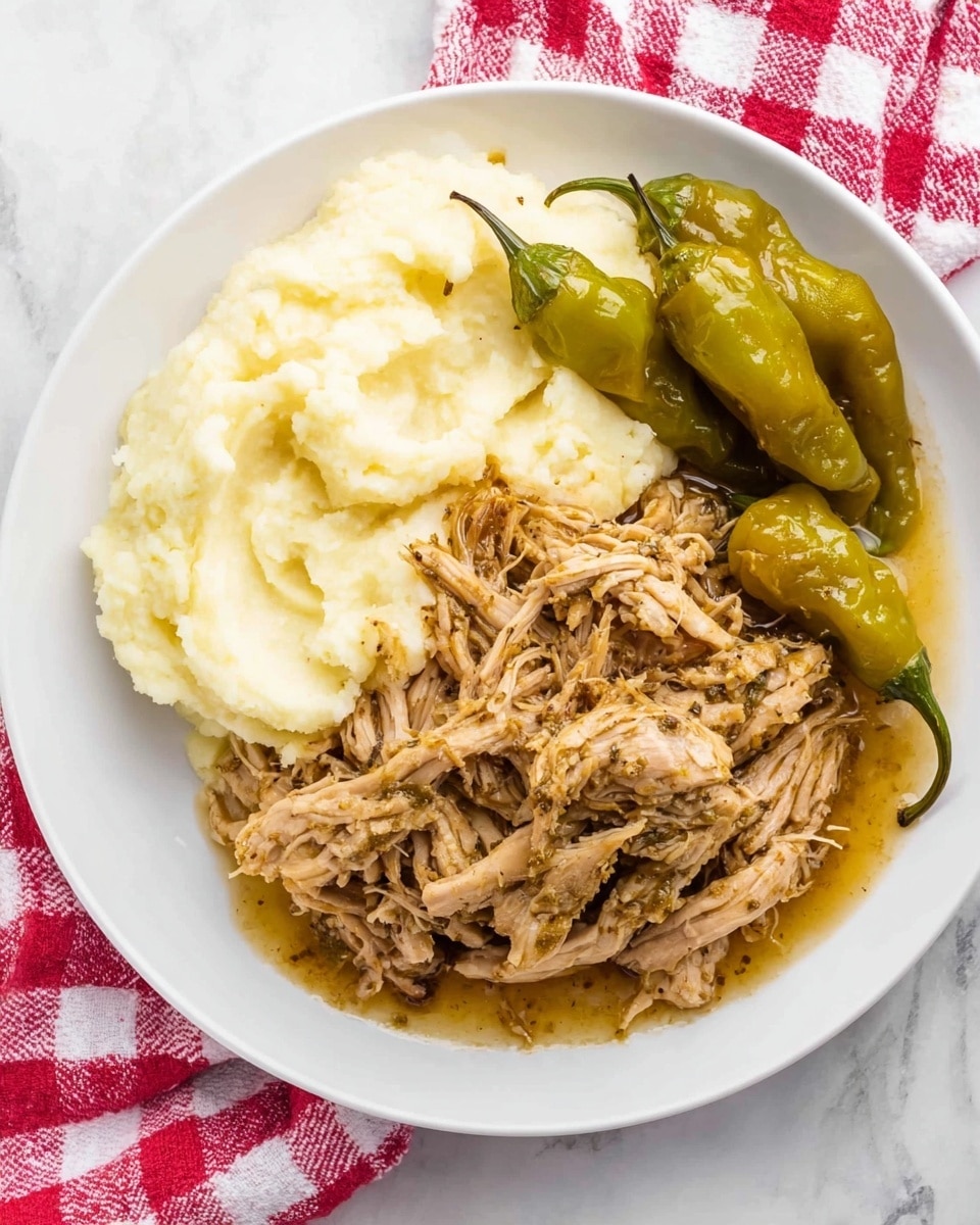 A white plate holds two main layers: on one side, a generous serving of soft, creamy mashed potatoes with a smooth, slightly uneven texture, pale yellow-white in color; on the other side, a pile of shredded, slow-cooked chicken in a light brown sauce mixed with visible herbs and spices, giving a slightly moist, stringy texture. Nestled around the shredded chicken are three vibrant green pepperoncini peppers with shiny, slightly wrinkled skin and stems intact. The plate is set on a white marbled surface with a red and white checkered cloth partially visible to the side. photo taken with an iphone --ar 4:5 --v 7