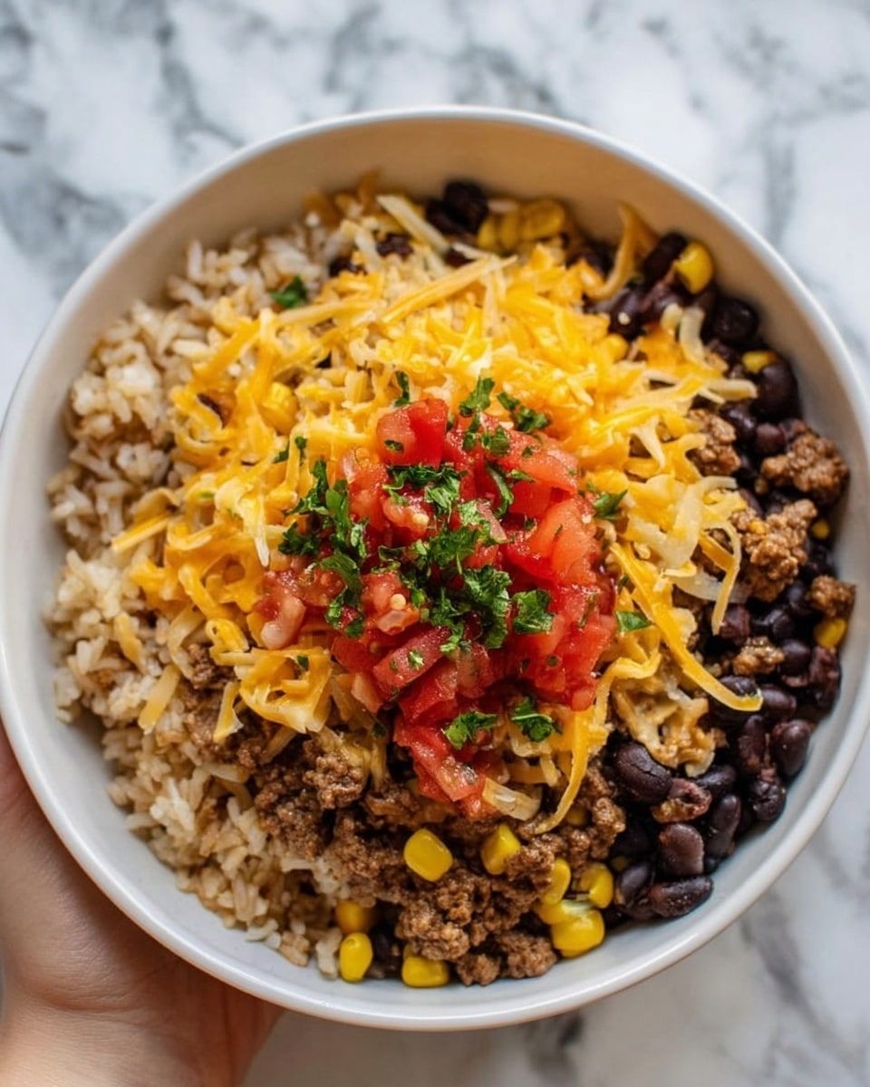A white bowl filled with four visible layers: the bottom layer is light brown cooked rice mixed with black beans, the second layer is golden yellow corn and browned ground beef scattered evenly, the third layer is shredded bright orange cheddar cheese spread over the top, and the final layer in the center is a small mound of fresh red salsa with chunks of tomatoes and onions, topped with chopped green herbs. The bowl is held by a woman's hand resting on a white marbled surface. Photo taken with an iphone --ar 4:5 --v 7