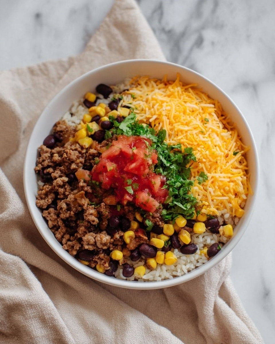 A white bowl filled with a layered dish showing white rice as the bottom layer, topped with a mix of cooked ground meat, black beans, and yellow corn kernels spread evenly. On top of this, there is a layer of shredded orange cheddar cheese, and in the center, a dollop of bright red salsa with small pieces of tomato and diced onions, garnished with chopped green cilantro. The bowl is placed on a white marbled surface next to a beige cloth, and a woman's hand is slightly visible on the left side. Photo taken with an iphone --ar 4:5 --v 7