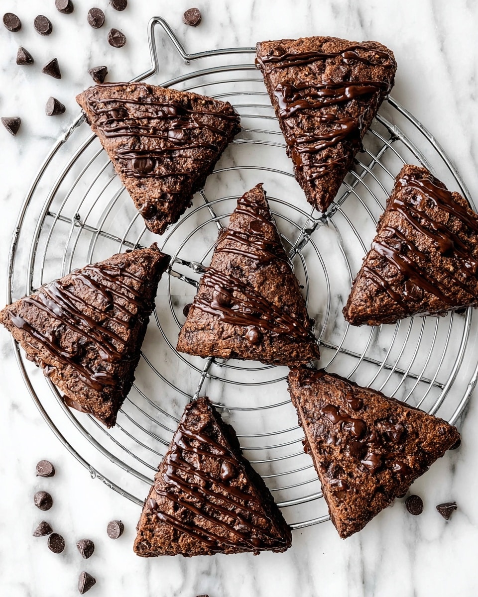 The image shows eight triangular chocolate scones with a dark brown, slightly rough texture topped with drizzles of melted dark chocolate. The scones are arranged around and on a silver wire cooling rack with a long handle, placed on a white marbled surface. Some scones have visible chocolate chips embedded in the dough, adding texture and darker spots. Small chocolate chips are scattered around the rack on the surface. The overall look is rich and chocolatey, with the drizzle adding a glossy finish on top of the matte scones. photo taken with an iphone --ar 4:5 --v 7
