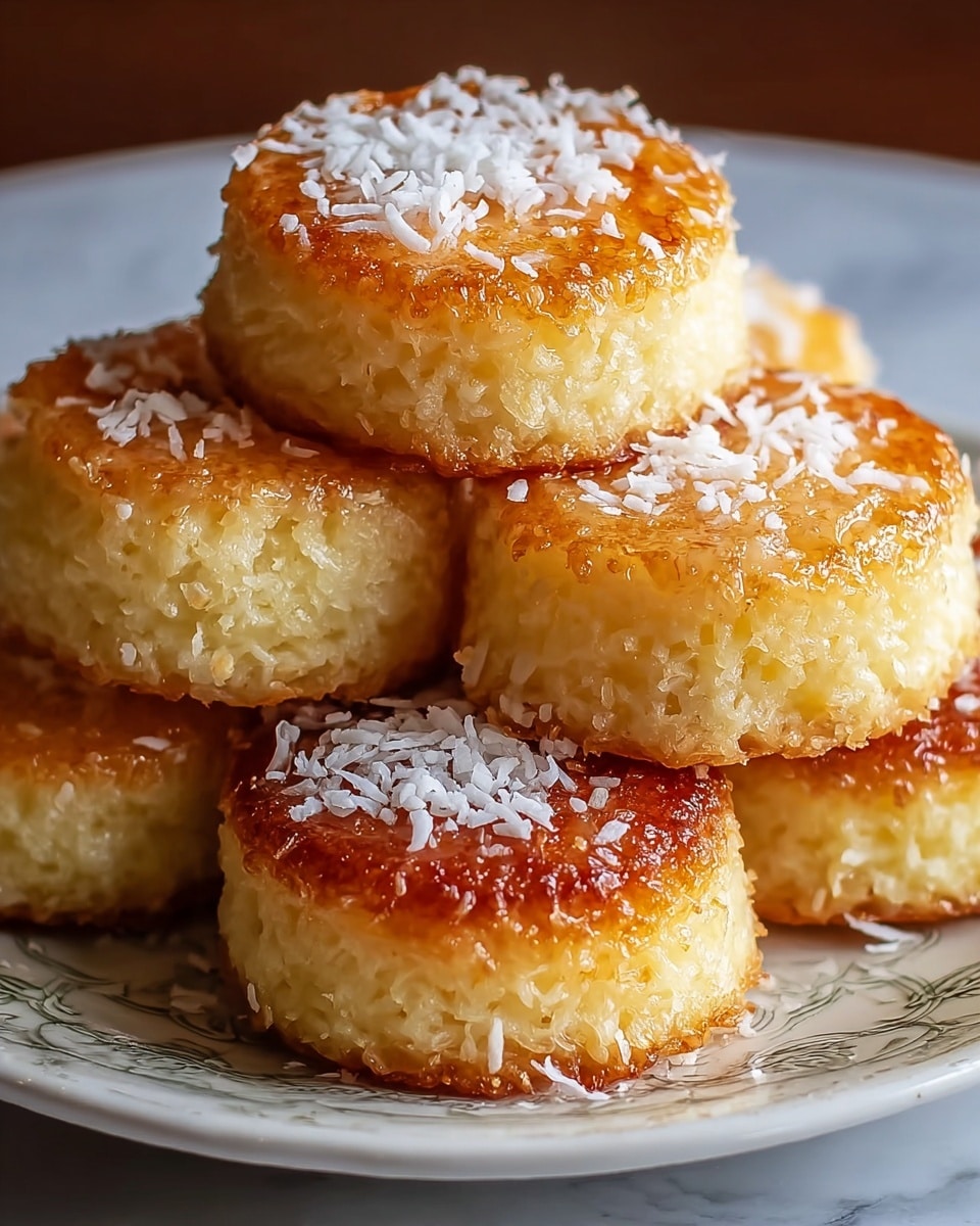 A stack of round, golden-brown coconut cakes with a slightly crispy, shiny top layer sprinkled with white shredded coconut flakes. Each cake shows a moist, soft, pale yellow interior with a textured coconut crumb on its sides. The cakes are piled on a patterned white plate with a subtle design, set on a white marbled surface. The arrangement creates a cozy and appetizing look with the cakes closely nestled together, emphasizing their rich texture and coconut topping. photo taken with an iphone --ar 4:5 --v 7