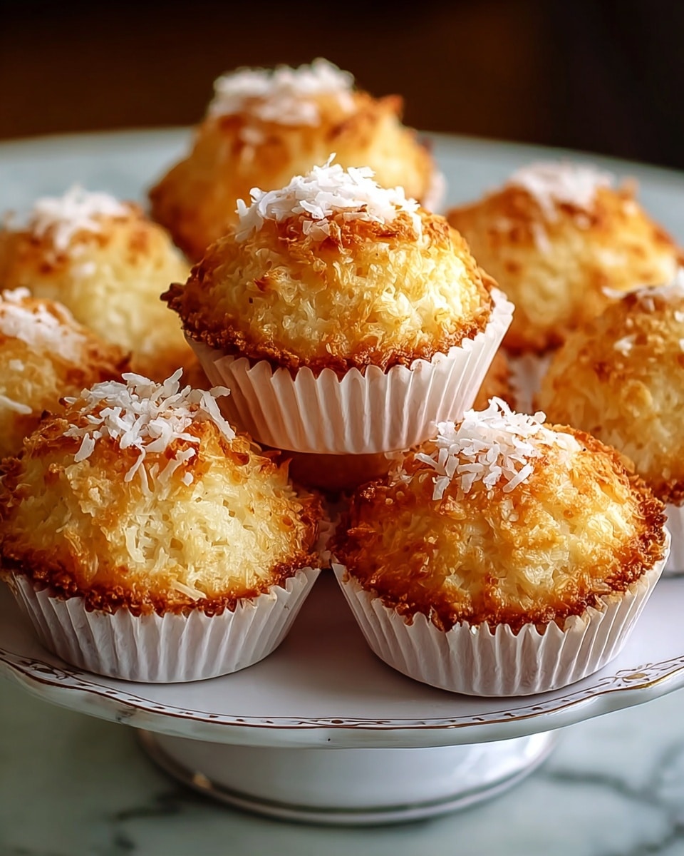 A group of golden-brown coconut macaroons, each nestled in white paper cups, sit piled on a white plate with a decorative rim, which rests on a white marbled surface. Each macaroon shows a rough, crumbly texture with a slightly darker, crisp edge and a mound of white shredded coconut on top, creating contrast in color and texture. The macaroons are arranged closely together, highlighting their rounded, slightly domed shapes with a soft, moist interior visible under the crisp exterior. The background is softly blurred, focusing attention on the warm-toned treats. photo taken with an iphone --ar 4:5 --v 7