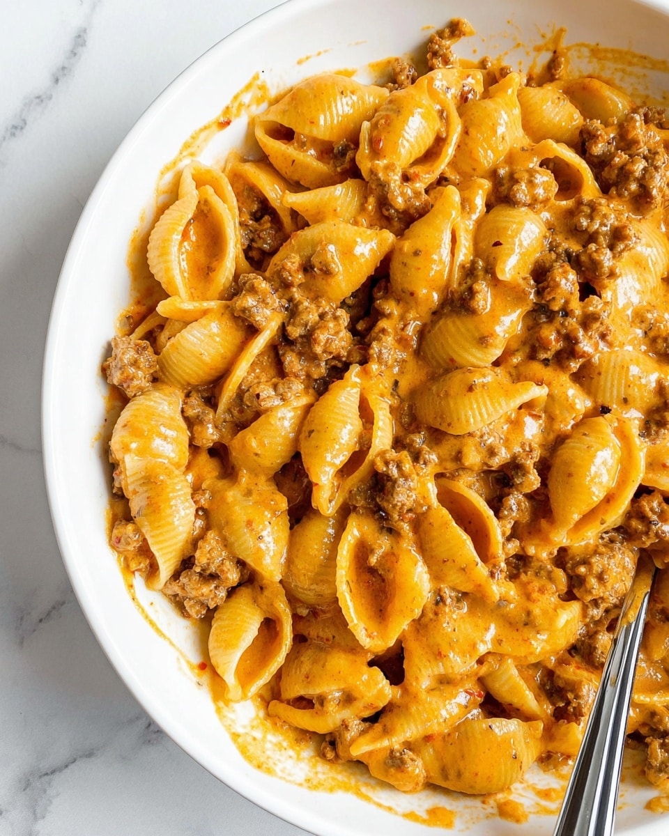 A close-up view of a white bowl filled with pasta shells mixed with a creamy, orange-colored sauce and ground meat pieces. The shells are coated evenly in the sauce, showing a smooth and glossy texture. The ground meat is scattered throughout, giving a chunky look with brown and darker tones. The edges of the bowl are clean but have small bits of sauce sticking to the sides. The background is a white marbled surface, and a silver fork is partly visible at the bottom right corner. photo taken with an iphone --ar 4:5 --v 7