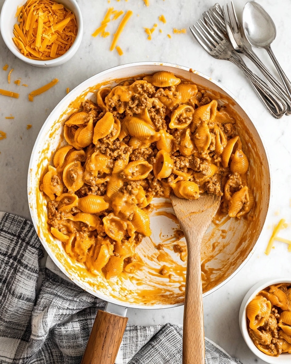 A white pan with a wooden handled spoon inside holds half a serving of shell pasta mixed with a thick orange cream sauce containing ground meat. The sauce coats the pasta well, showing a creamy texture with herbs visible. There is some sauce spread unevenly on the pan's empty side. Around the pan, on a white marbled surface, there are scattered small strips of cheddar cheese, two small white bowls filled with the same pasta dish, and two forks crossed near the top right corner. A grey and white plaid cloth is partially visible under the pan. photo taken with an iphone --ar 4:5 --v 7