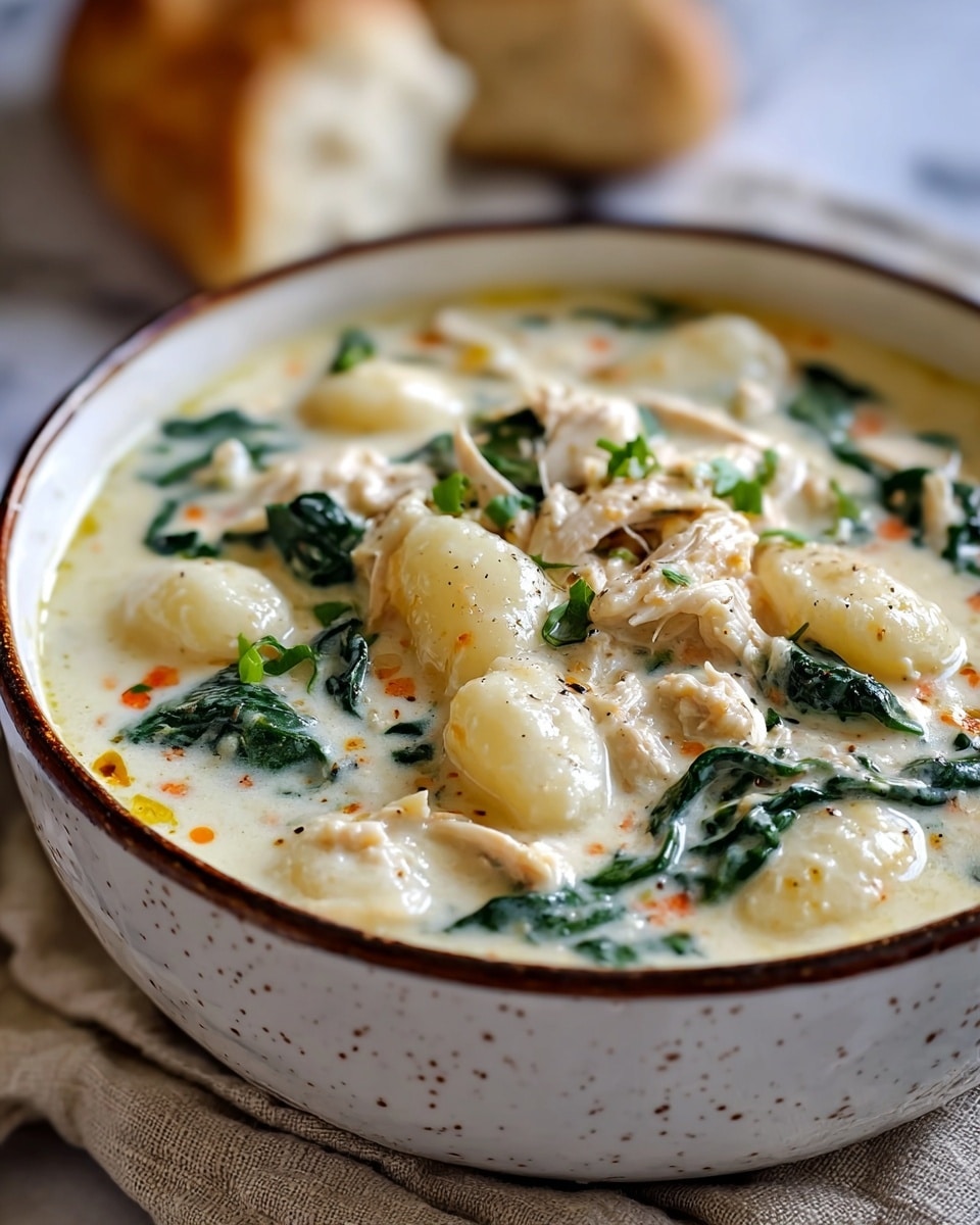 This image shows a bowl of creamy soup with three main layers: a thick, white cream base with small orange specks throughout, soft white gnocchi pieces scattered evenly, and shredded light beige chicken mixed with bright green spinach leaves. The soup is in a white bowl with a brown rim and speckled bottom pattern, sitting on a beige cloth with a piece of bread blurred in the background on a white marbled surface. The soup looks rich and inviting with a smooth texture highlighted by the contrast of the colorful ingredients. photo taken with an iphone --ar 4:5 --v 7