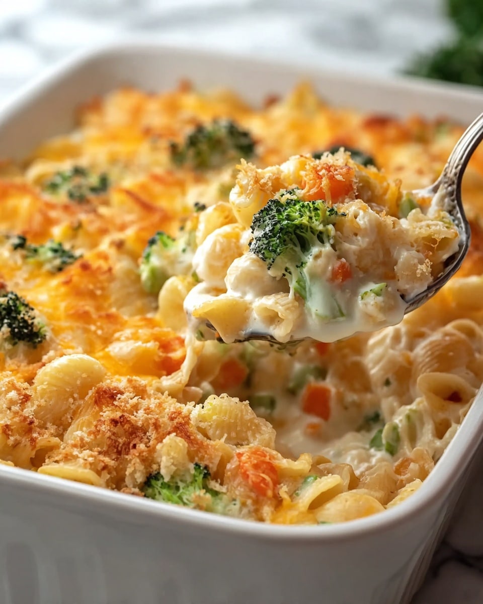 A white baking dish filled with a creamy casserole shows three main layers: at the bottom, small light beige pasta curls mixed with bits of bright green broccoli and orange carrot pieces; the middle layer is creamy white cheese sauce coating the pasta and vegetables; the top layer is melted cheese with a golden brown crust scattered unevenly across, with green broccoli florets peeking through. A spoon lifts a portion from the dish, showing the mix of pasta, vegetables, and cheese sauce up close. The background is a white marbled texture. Photo taken with an iphone --ar 4:5 --v 7
