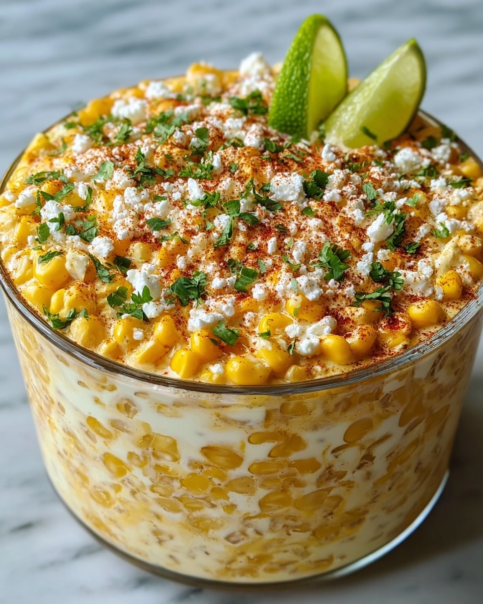 A clear glass bowl filled with three layers of creamy corn mixture in yellow and white colors, topped with a layer of whole yellow corn kernels mixed with white creamy sauce. The surface is sprinkled with crumbled white cheese, reddish paprika powder, and green chopped herbs. A half lime slice is placed standing upright at the back edge of the bowl. The bowl sits on a white marbled surface. photo taken with an iphone --ar 4:5 --v 7