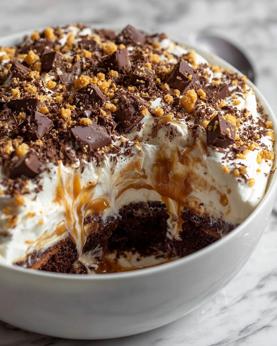A close-up view of a layered dessert in a white bowl, showing three main layers: a dark brown cake layer at the bottom, a thick middle layer of white whipped cream mixed with swirls of caramel sauce, and a top layer of white whipped cream covered with chopped chocolate pieces and golden crunchy bits, all sprinkled with fine chocolate shavings; part of the dessert has been scooped out, revealing the creamy texture and flowing caramel inside. The bowl sits on a white marbled surface. photo taken with an iphone --ar 4:5 --v 7